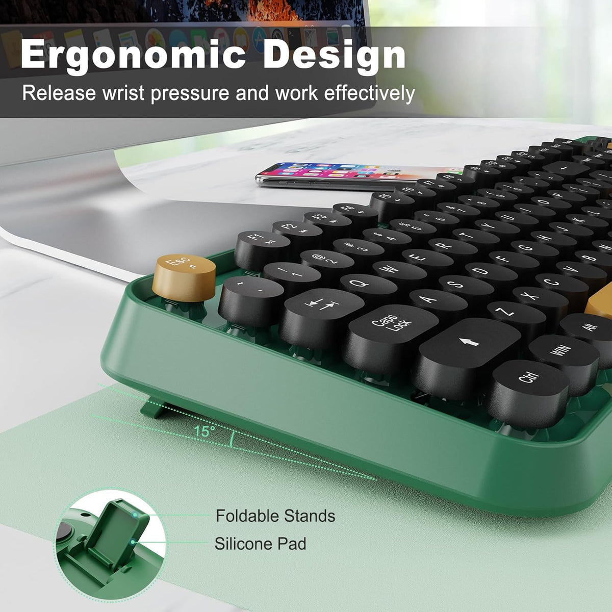 Wireless Keyboard and Mouse Combo, 104 Round Keys Cute Colorful Keyboard and Mouse with Retro Typewriter for PC/Mac/Laptop/Tablet/Computer/Windows Green
