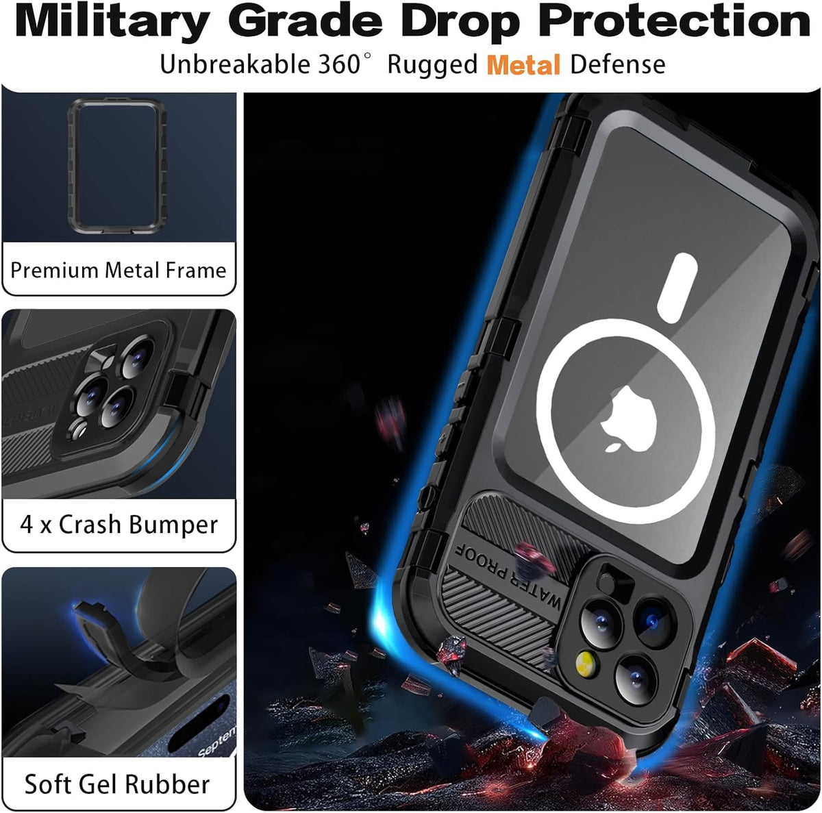Metal Heavy Duty Waterproof Case for iPhone 13 Pro Max, Compatible with MagSafe, Military Grade Shockproof, Black