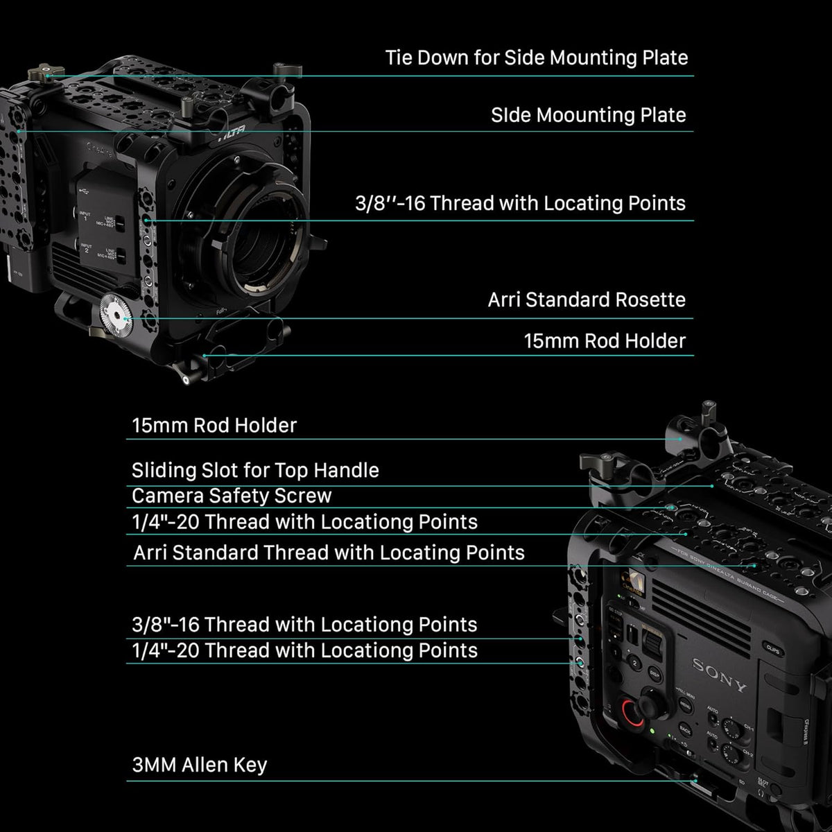 Tilta Camera Cage Compatible with Sony BURANO | Arri Rosettes, 1/4"-20 and 3/8"-16 Threads | w/Top Handle, Left/Right Side Arm, Battery Plate (Full Camera Cage)