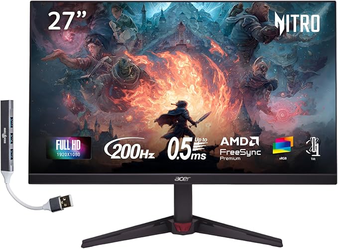 Acer Nitro VG270X 27 FHD IPS Monitor with 0.5ms Response Time Flicker Free 200 Hz Refresh Rate VESA Mount 100 mm Displayport HDMI &amp Dockztorm USB Port Expander Black (UM.HV0AA.101)