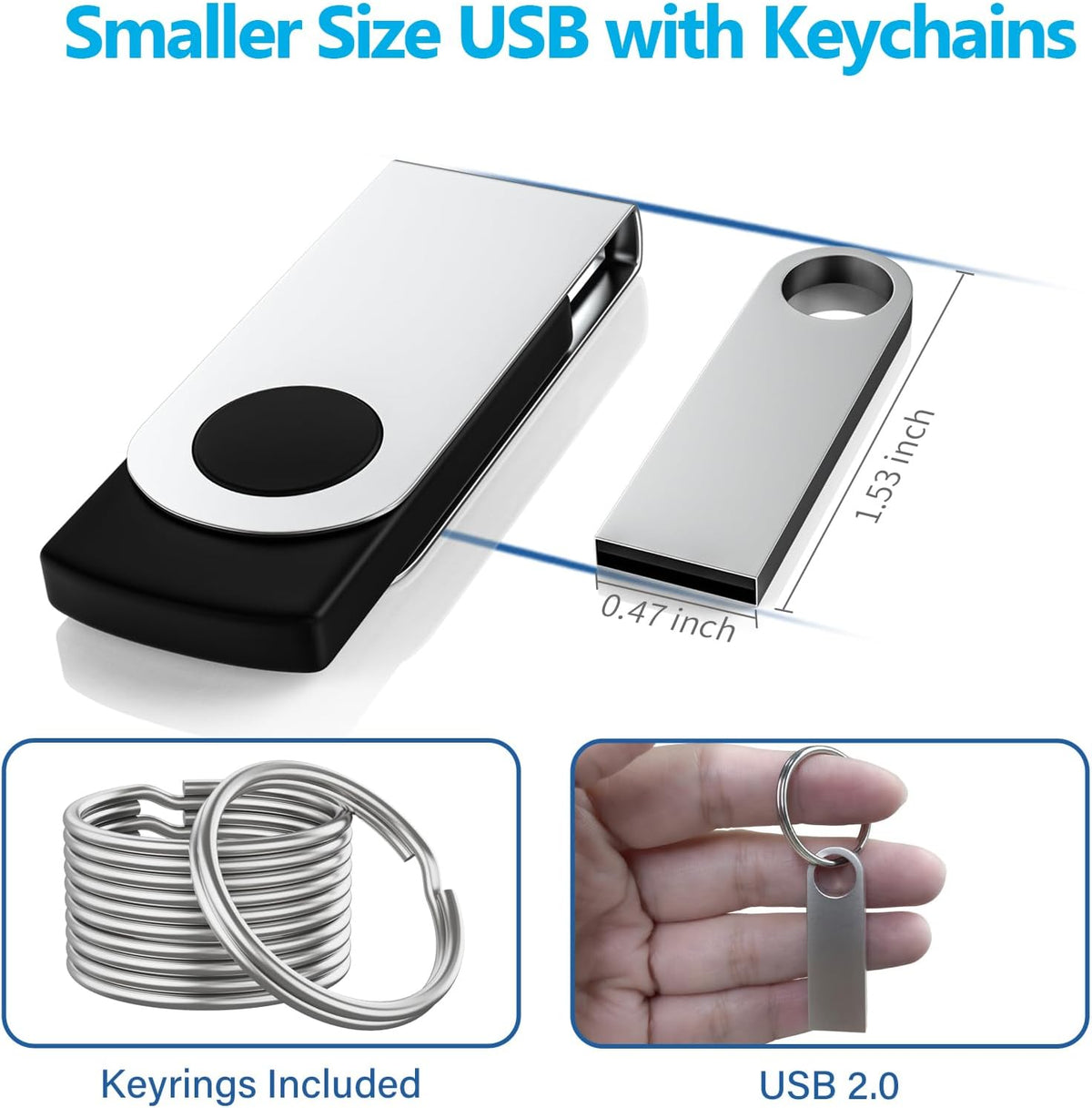 ABLAZE 128MB Flash Drive 20 Pack, Metal USB 2.0 Thumb Drives with Keychains USB Sticks Pendrives (Sliver)