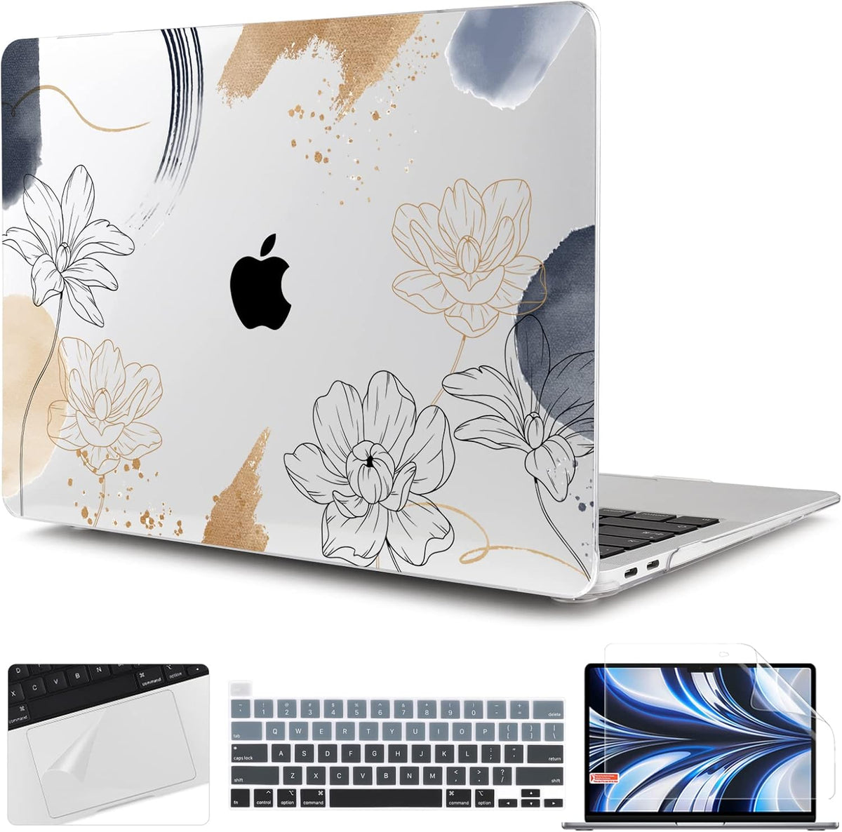 TWOLSKOO Compatible with MacBook Pro 13 inch Case 2022 2021 2020-2016 A2338 M2/M1 A2251 A2289 A2159 A1989 A1706, Plastic Hard Shell Cover & Keyboard Skin & Screen Protector, Florals X450