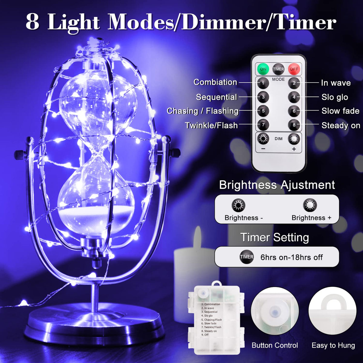 2 Pack 32.8 Ft 100 Led Black Light Fairy Lights,Smacen UV fairy Lights Battery Operated with Remote & Timer, 8 Modes UV Black String Lights for Glow