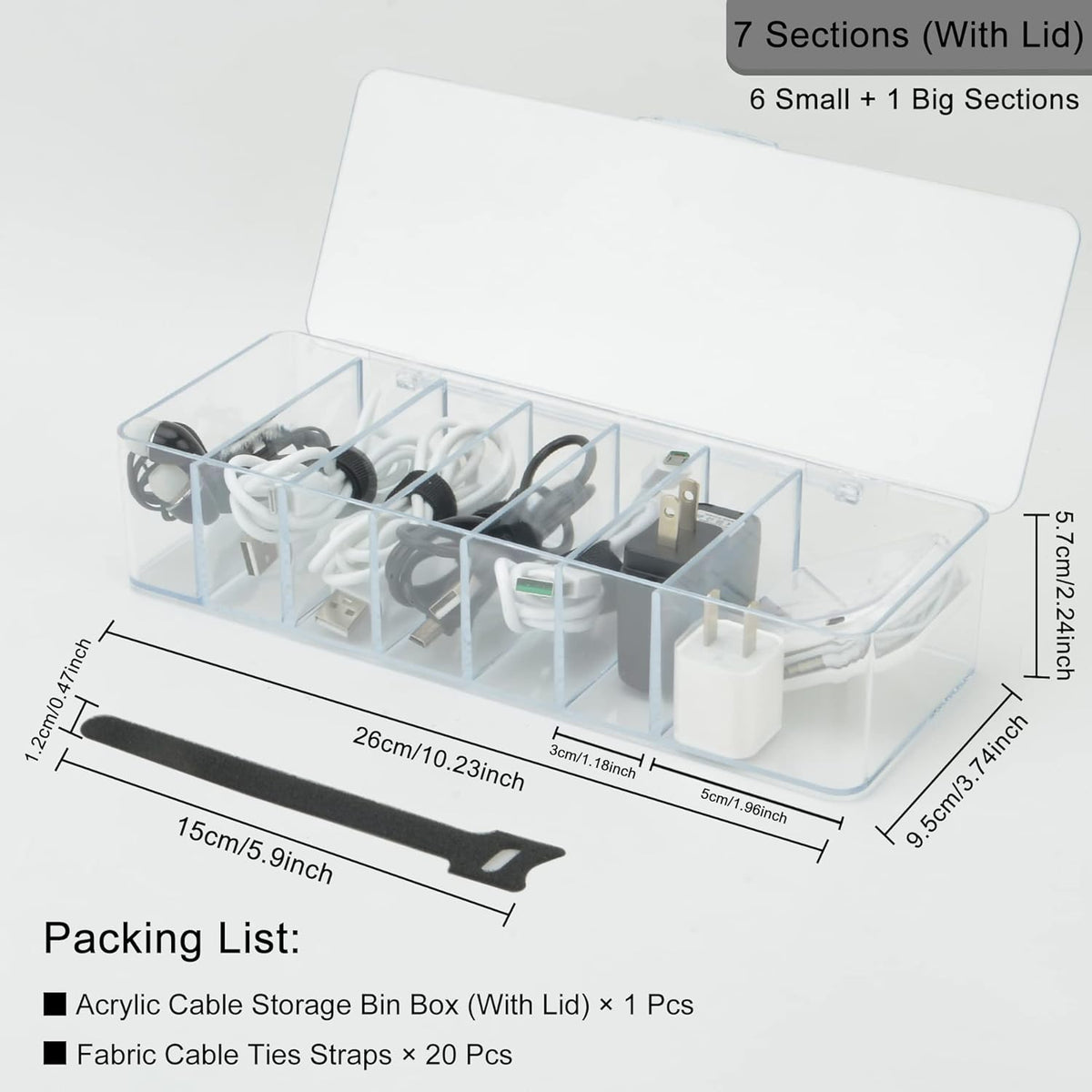 Electronics Organizer with 7 Sections, Clear Acrylic Cable Storage Bin Box, Includes 20 PCS Reusable Cable Ties (7