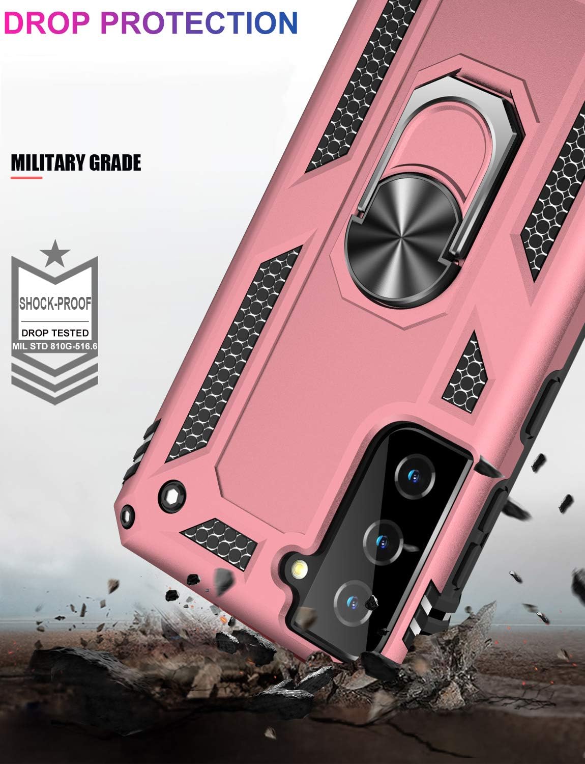 IKAZZ Rose Gold Case for Galaxy S21 Plus, Military Grade Shockproof Heavy Duty Phone Cover with Magnetic Kickstand