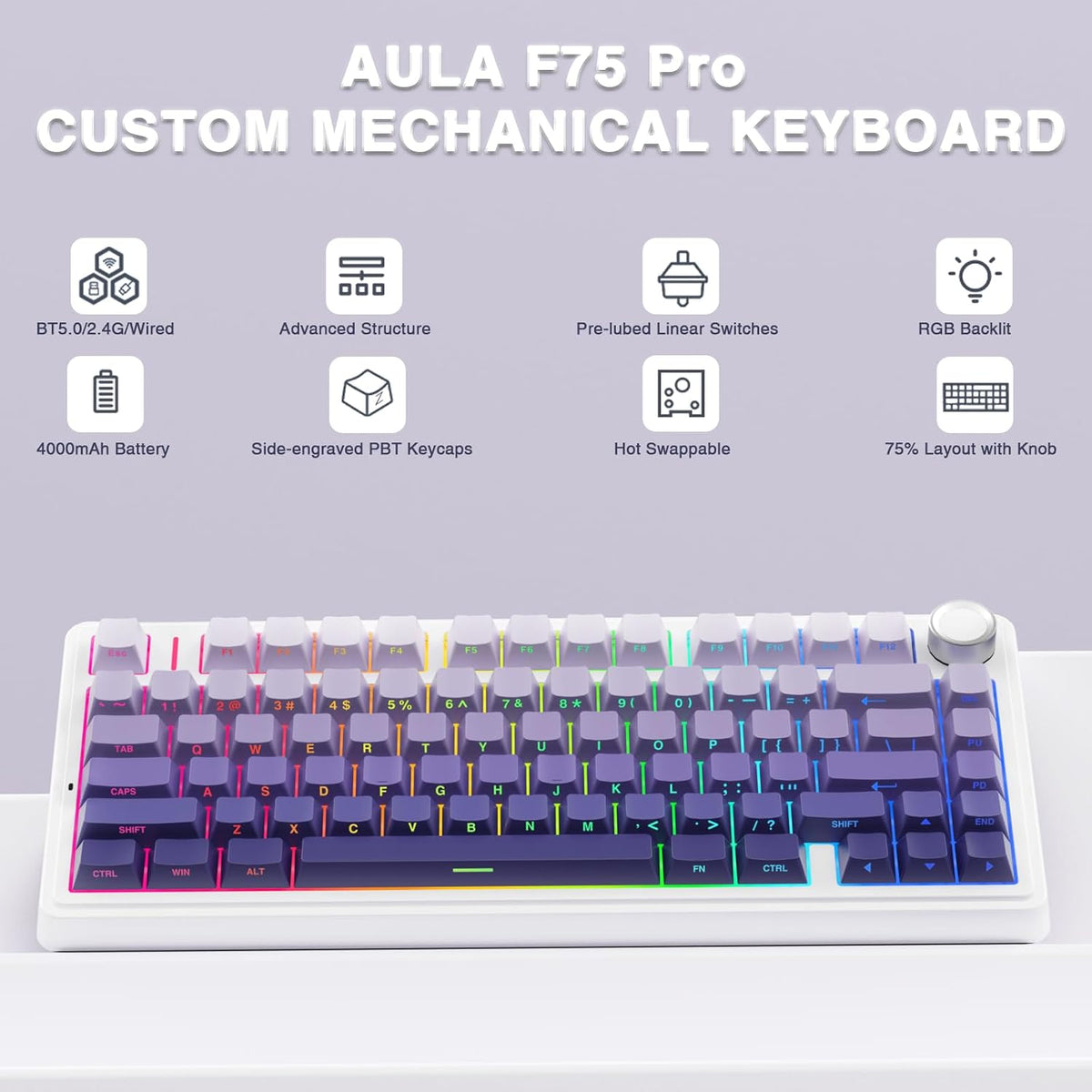 AULA F75 Pro Wireless Mechanical Keyboard,75% Hot Swappable Custom Keyboard,RGB Backlit,Pre-lubed Linear Switches,Side Printed PBT Keycaps Mechanical Gaming Keyboards,Gradient Purple