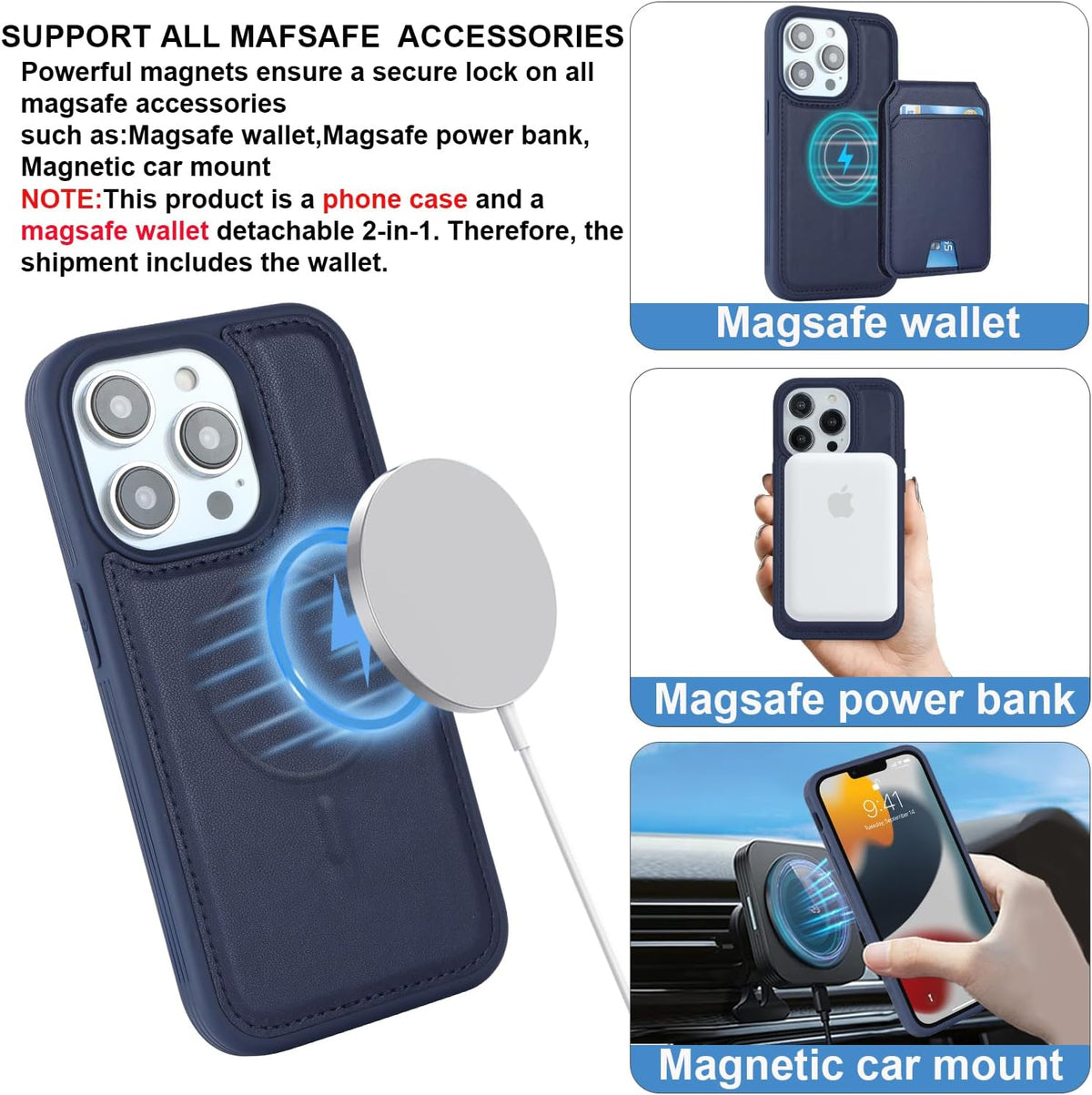 Havaya Wallet Case for iPhone 13 Pro, Magsafe Compatible with Card Holder, Detachable Magnetic Leather Cover, Blue