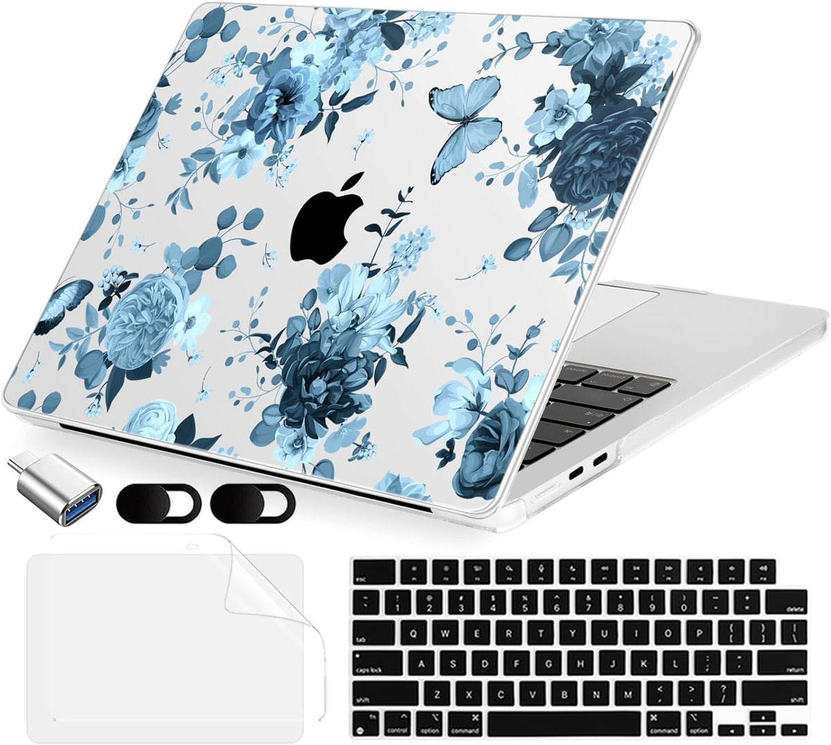 Compatible with MacBook Air 15 inch Case, M4 A3241/M3 A3114/M2 A2941 (Released 2025 to 2023), Hard Shell, Keyboard Cover, Screen Protector, Webcam Cover & Type-C Adapter, Blue Flowers