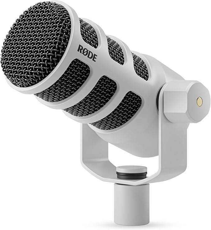 Rode PodMic White (Pair) Cardioid Dynamic Broadcast Microphones with 2X Low Profile Mic Boom Arms and 2X XLR Cables