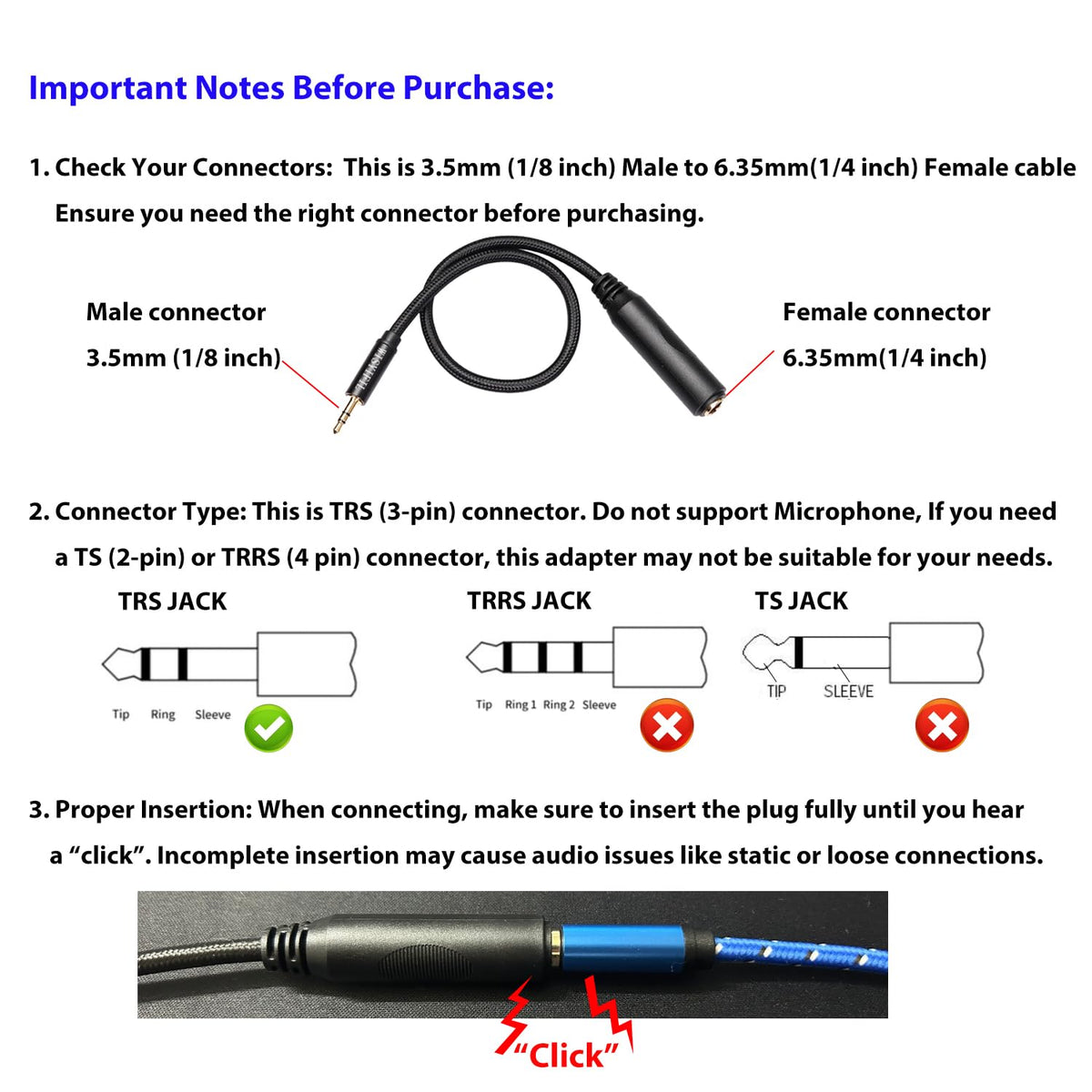 WISYIFIL 1/4 to 3.5mm Cable 1ft Long, Quarter inch (6.35mm) Female to 3.5mm Male Adapter, 1/8 to 1/4 Stereo Audio Cable,for Headphone, Amplifiers