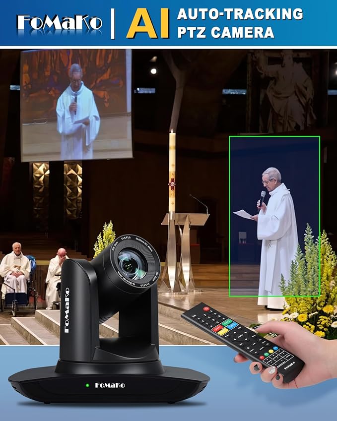 FoMaKo HDMI PTZ Camera AI Auto-Tracking Gen 3 20x Optical Zoom IP USB3.0 HDMI Camera for Church Services Worship EducationFMK12UH Pro(20x)-BBlack Color