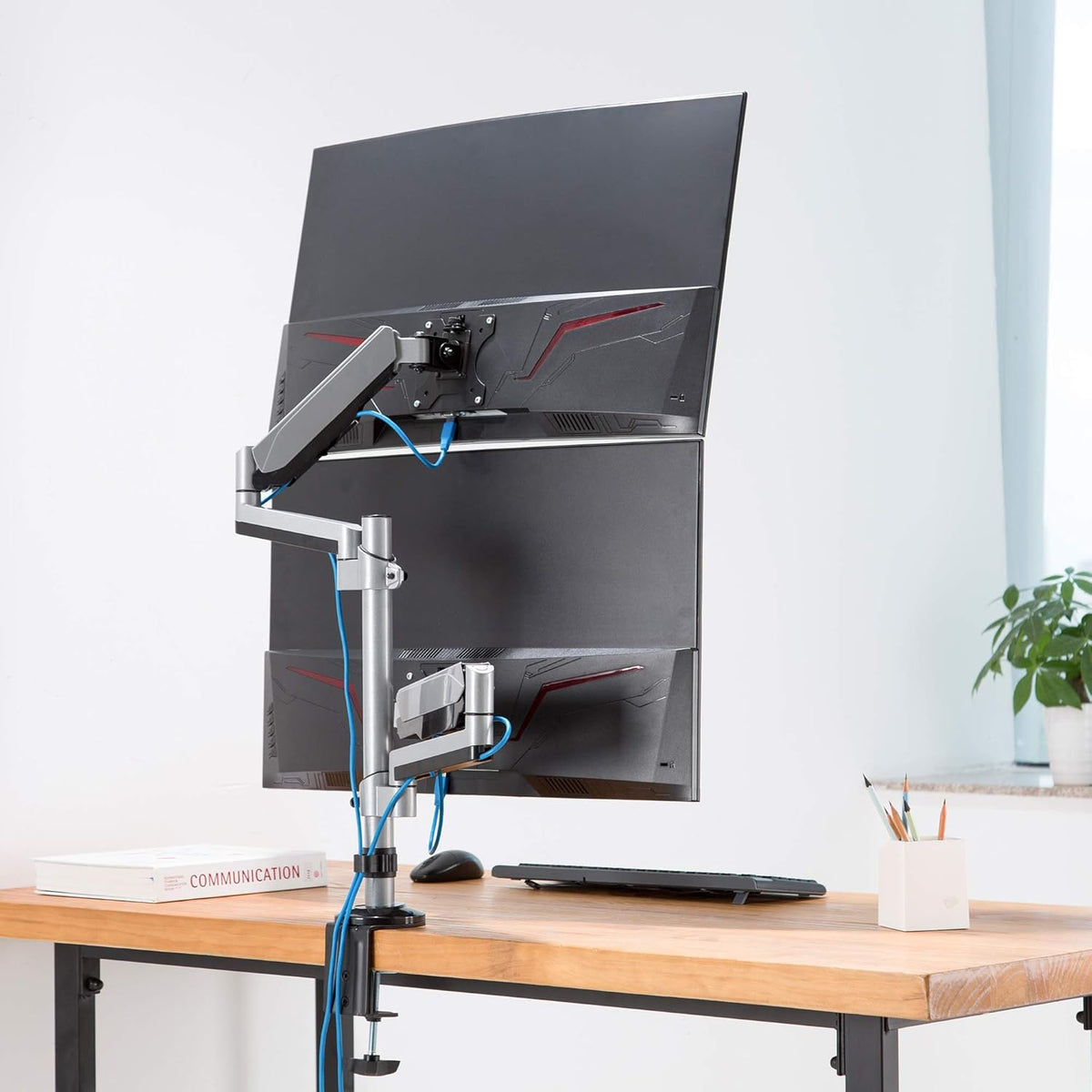 AVLT Dual 17"-32" Stacked Monitor Arm Desk Mount for 2 Flat or Curved Screens, Full Motion Height Adjustable with Swivel, Tilt, Rotation, Extra Tall, VESA, C-Clamp or Grommet Base