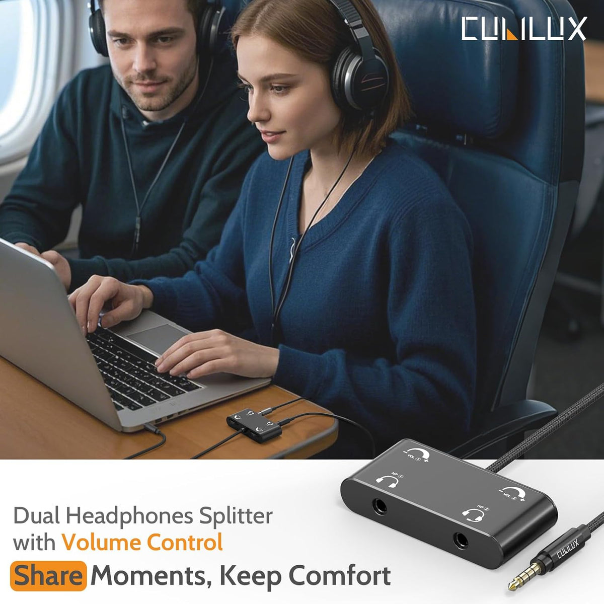 Cubilux Headphone Splitter with Volume Control, 3.5mm Dual Earphones Connector, 1/8 Double Audio Jack Adapter for 2 People, Music Share Adapter for Plane, Train Travel