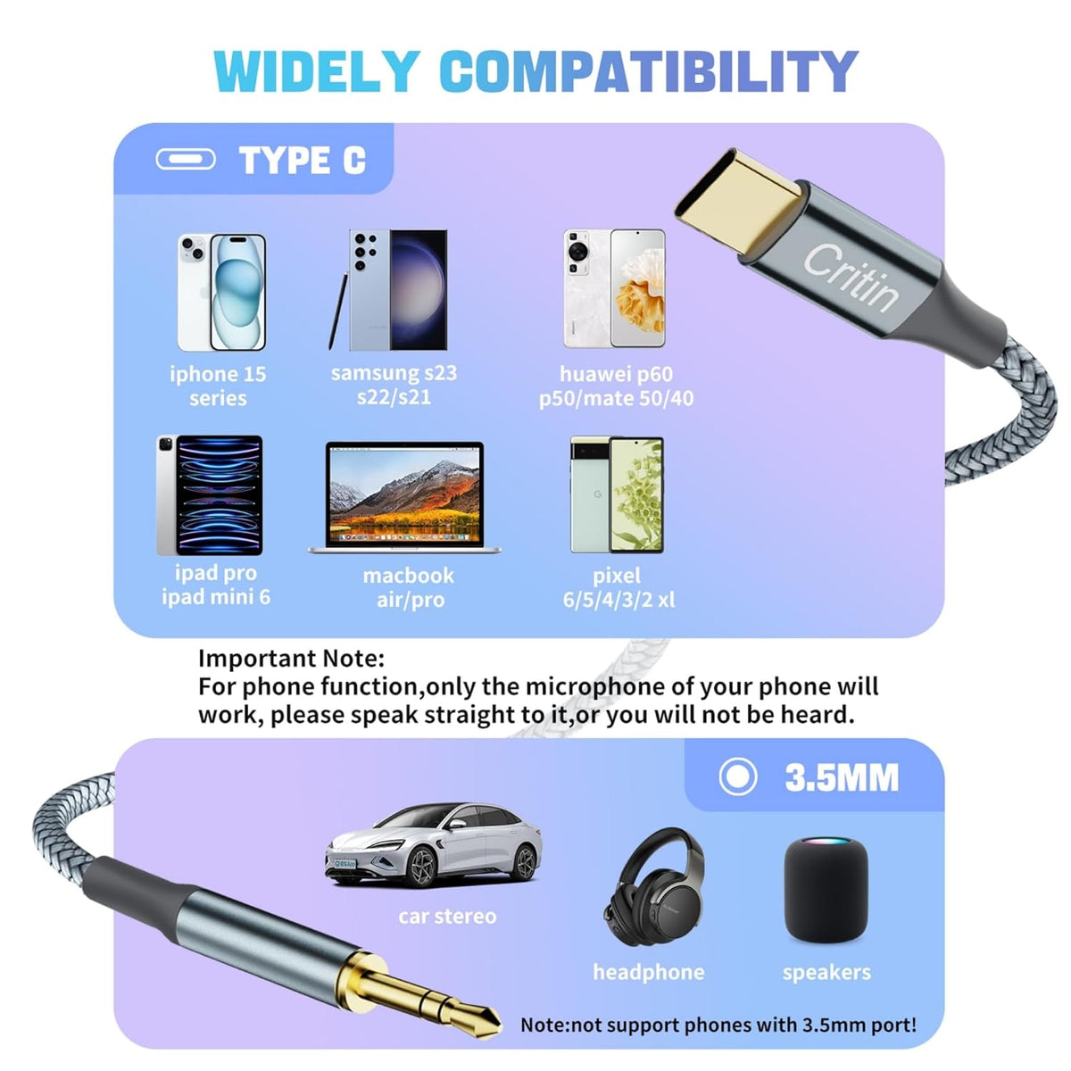 Braided USB C to 3.5mm Audio Cable, Type C Adapter for Samsung Galaxy S21, iPad Pro, Huawei & more.