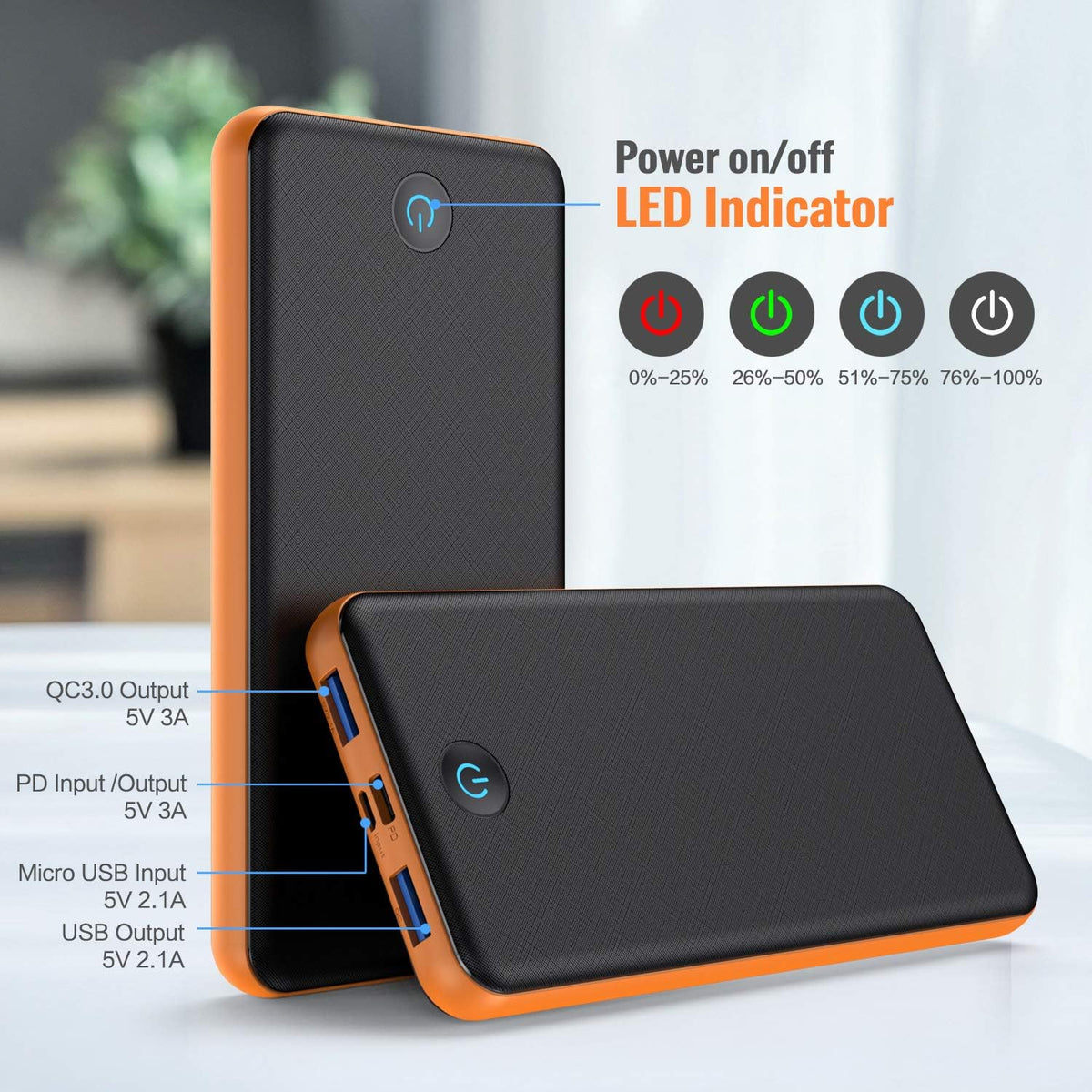 Portable Charger Power Bank 26800mAh, QC3.0 USB C PD Fast Phone Charging with Intelligent Controlling IC, 3 Out & 2 Input External Cell Phone Battery Pack Compatible with iPhone,Android etc