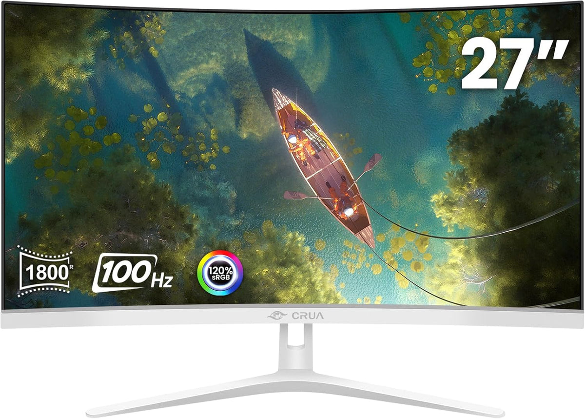 CRUA 27" Curved White Monitor, Full HD(1920x1080P) VA Panel 1800R 100HZ 120% sRGB Professional Computer Monitors, 3Sides Frameless, Flicker-Less,Blue Light Filter, for Office & Gaming (VGA, HDMI)