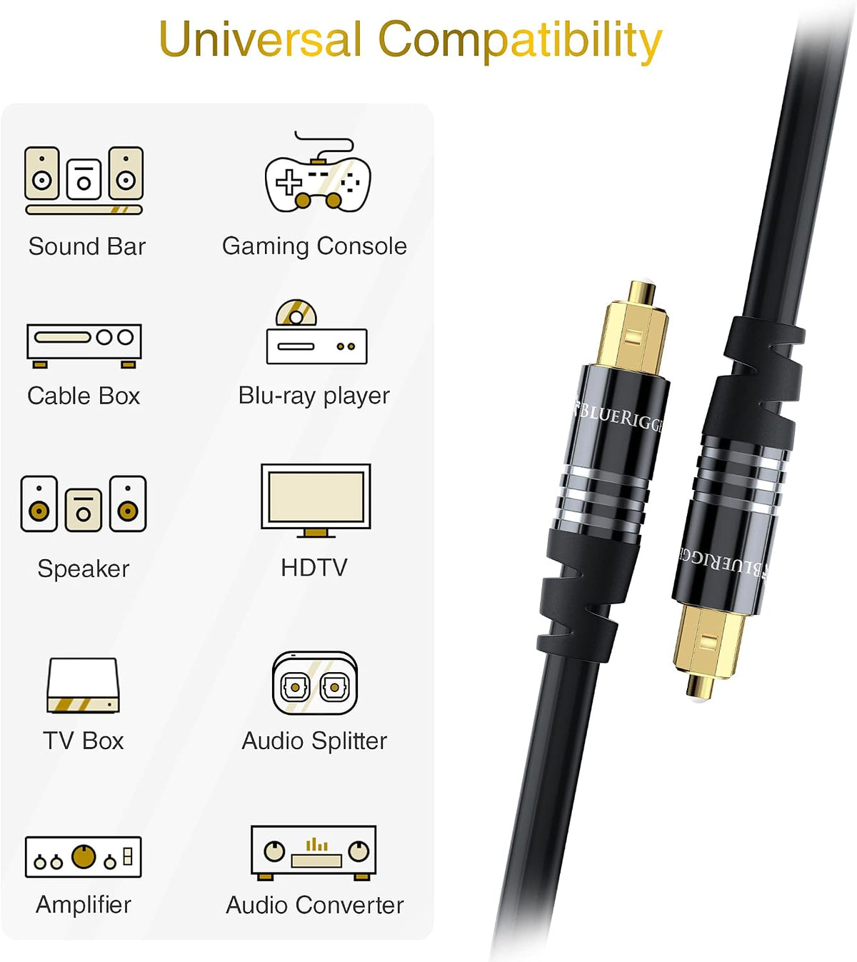 (35FT, 24K PS4 BlueRigger Digital Optical Audio Toslink Cable Fiber Optic, Aluminum Shell, Gold-Plated) - Compatible