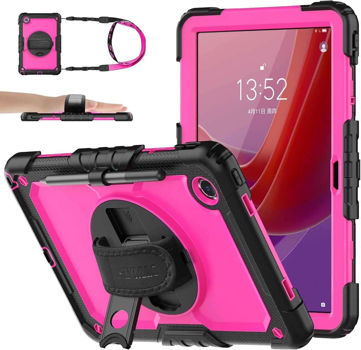 SEYMAC stock Tablet Case for Lenovo Tab M11 (TB-330FU/TB-330XU) 11 inch Drop-Proof Protection Cover with 360° Rotate Stand & Strap [Pen Holder] & Screen Protector/K11/Xiaoxin Pad 2024, Rose+Black