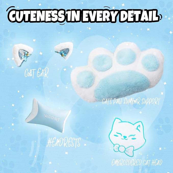 Cute Gaming Chair with Cat Paw Lumbar Cushion and Cat Ears Kawaii Pink Computer Chair with Footrest Ergonomic PC Video Anime Gaming Chairs Recliner for Kids Girls Teens (Blue)