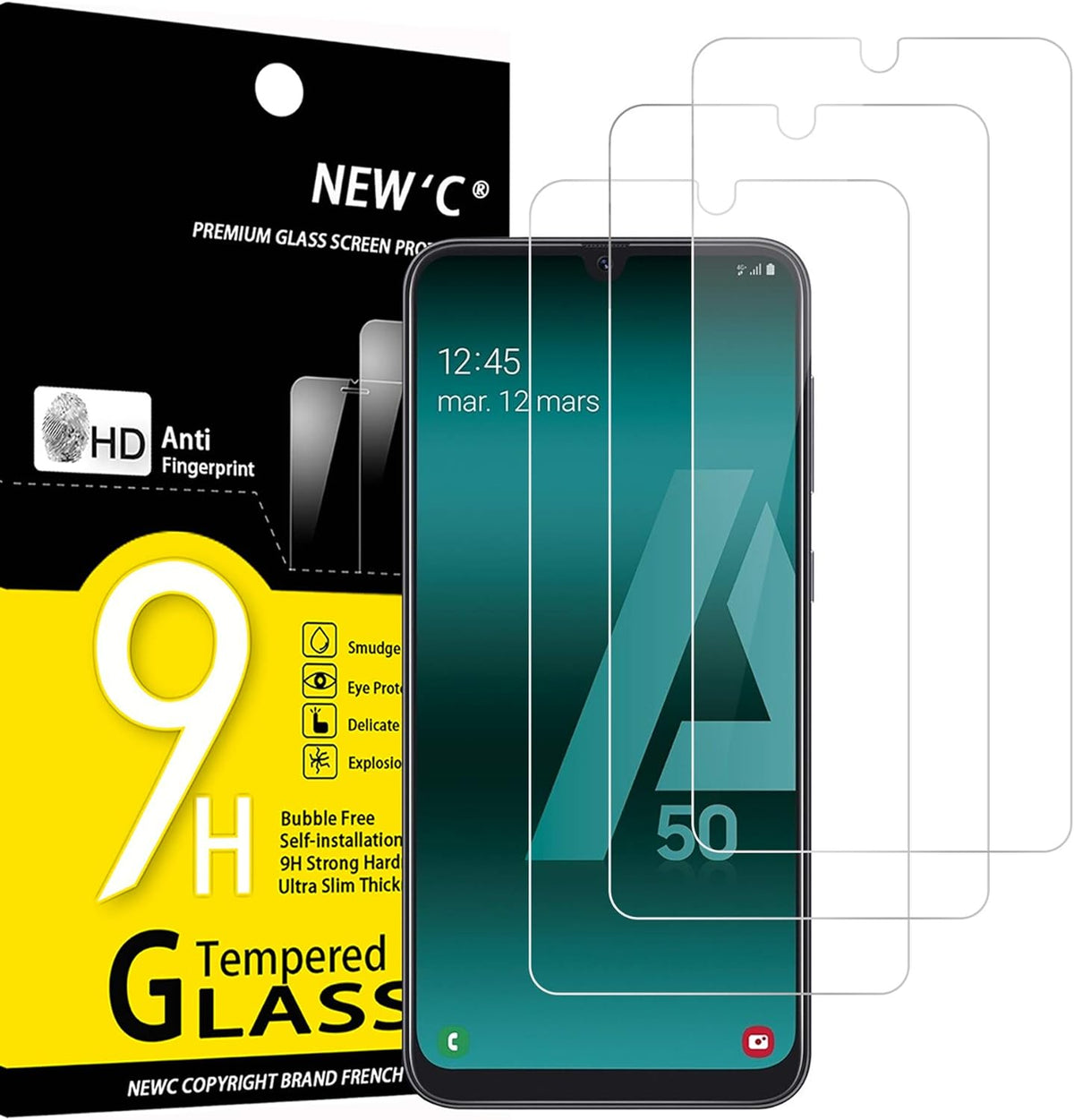NEW'C [3 Pack] Screen Protector for Samsung Galaxy A50 (SM-A505F), Tempered Glass, Case Friendly, Anti Scratch