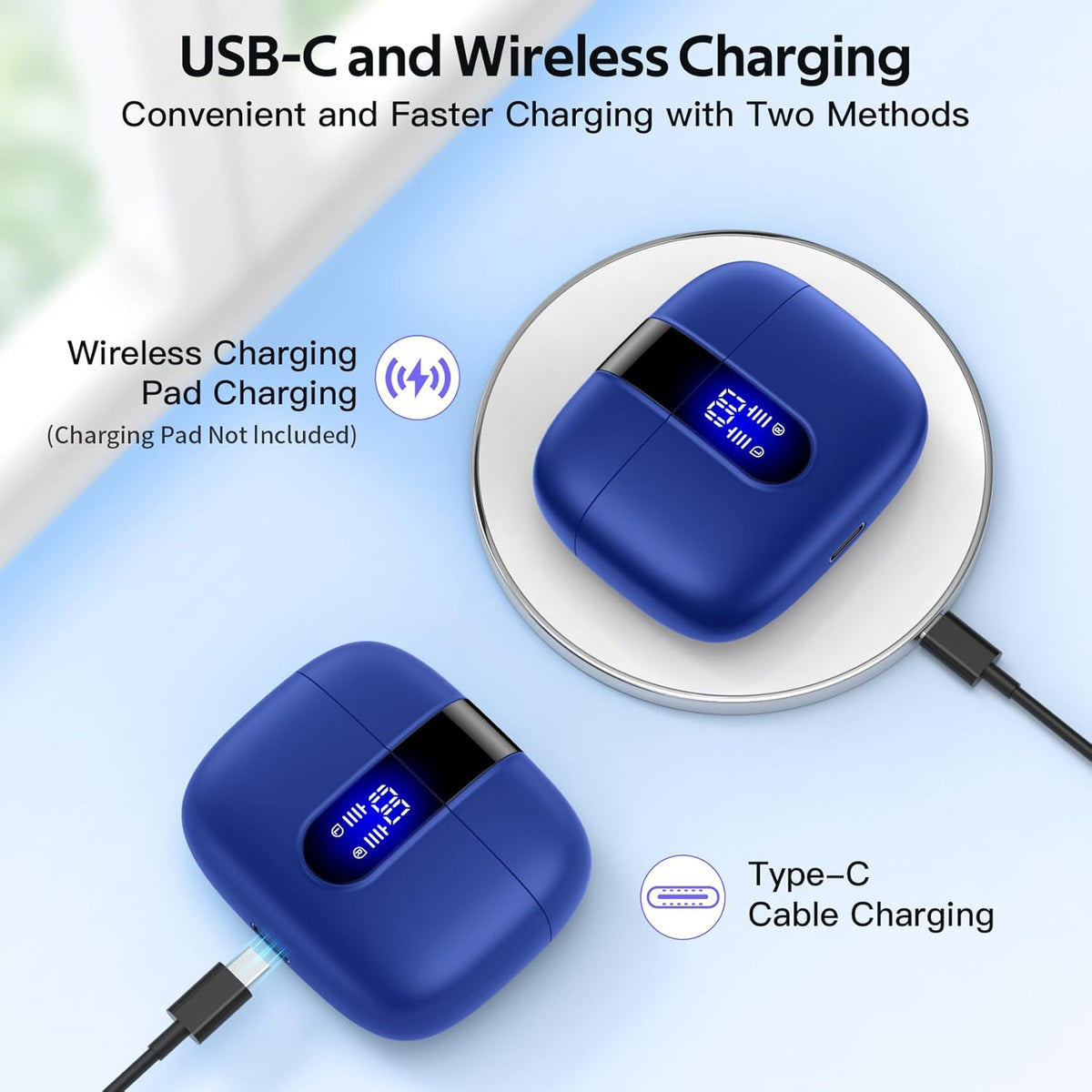 TAGRY Bluetooth Headphones True Wireless Earbuds 60H Playback LED Power Display Earphones with Wireless Charging Case IPX5 Waterproof in-Ear Ear buds with Mic for TV Smart Phone Laptop Computer Sports