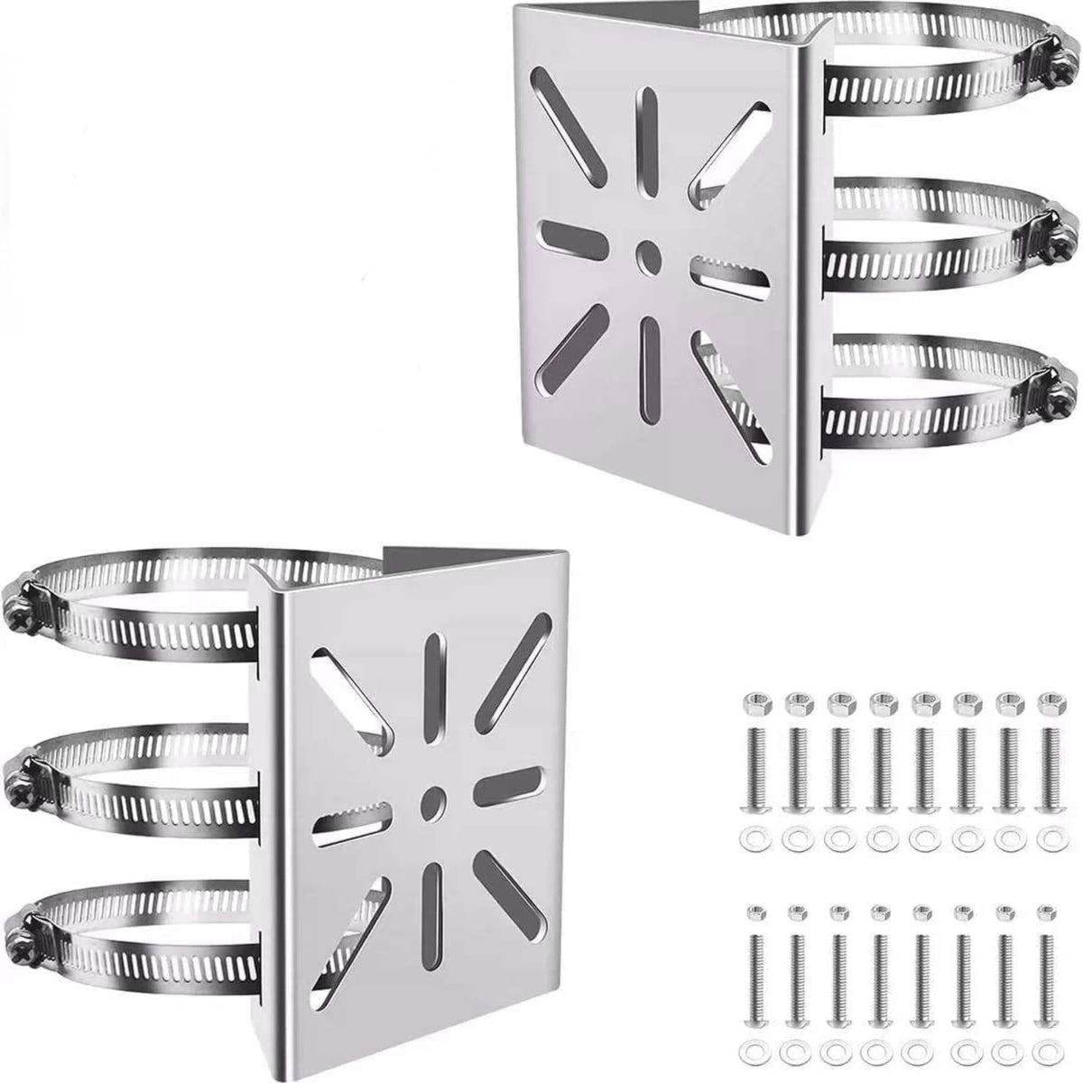 Clearhill Stainless Steel Pole Mount Bracket for Security Cameras, Vertical CCTV Camera Corner Bracket with Adjustable Straps (2)
