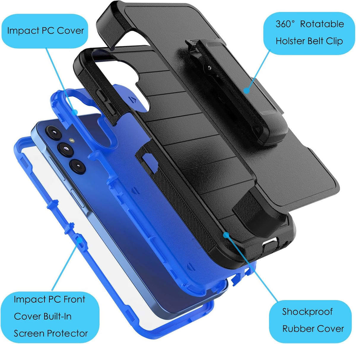 Njjex Rugged Case for Samsung Galaxy A15 5G, Heavy Duty Shockproof Locking Holster, Navy