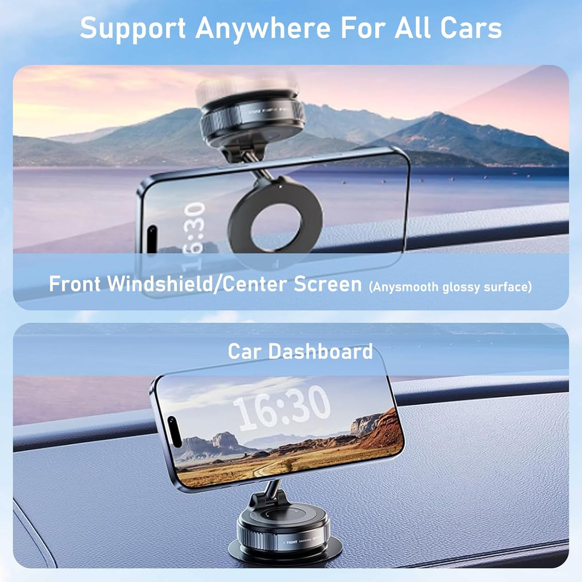 Vacuum Magnetic Phone Holder, 360° Adjustable Magnetic Car Mount, Foldable Portable Suction Cup Cell Phone Mount for Car/Gym/Mirror/Shower, Compatible with All Smartphones & All Car Models