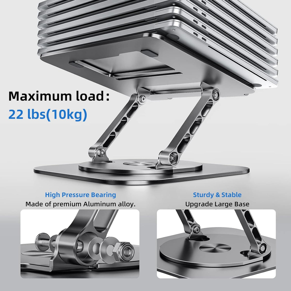 Laptop Stand for Desk, Ergonomic Laptop Riser with 360° Rotating Base, Aluminum Laptop Stand, Adjustable Foldable Laptop Holder Compatible with MacBook Air Pro, Dell XPS, 10-17" Laptops, Grey