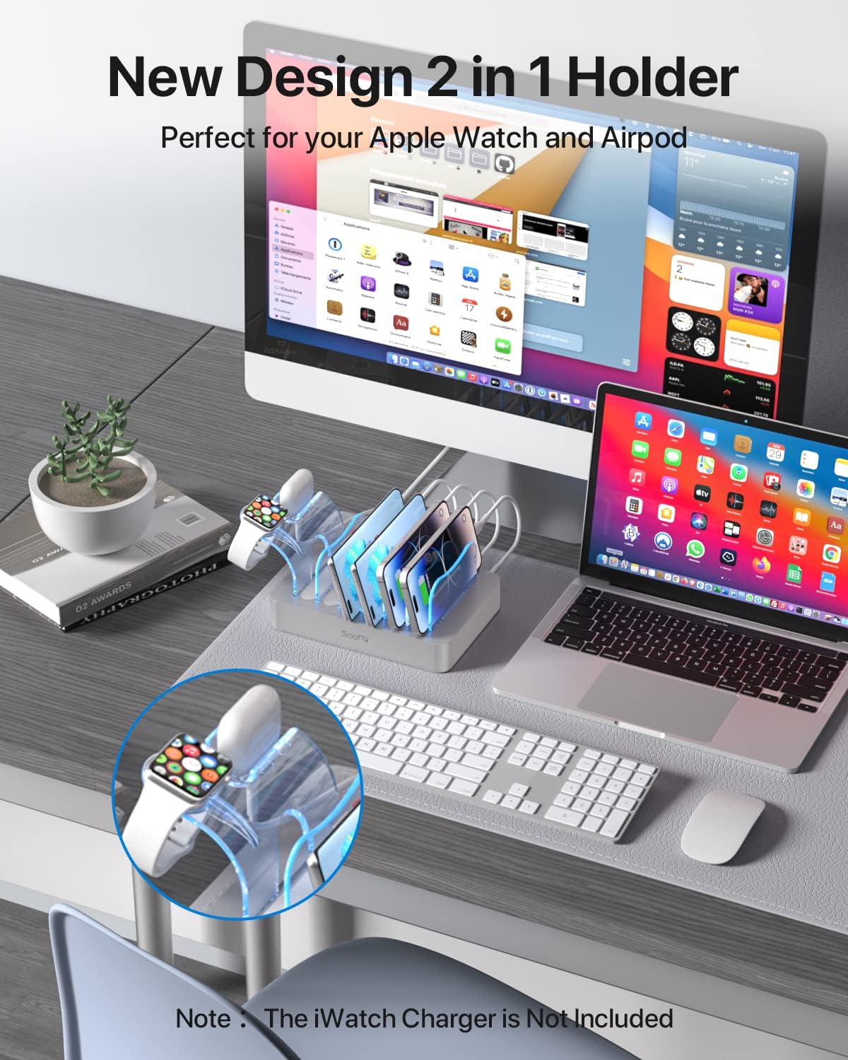 SooPii Premium 6-Port USB Charging Station Organizer for Multiple Devices, Silver