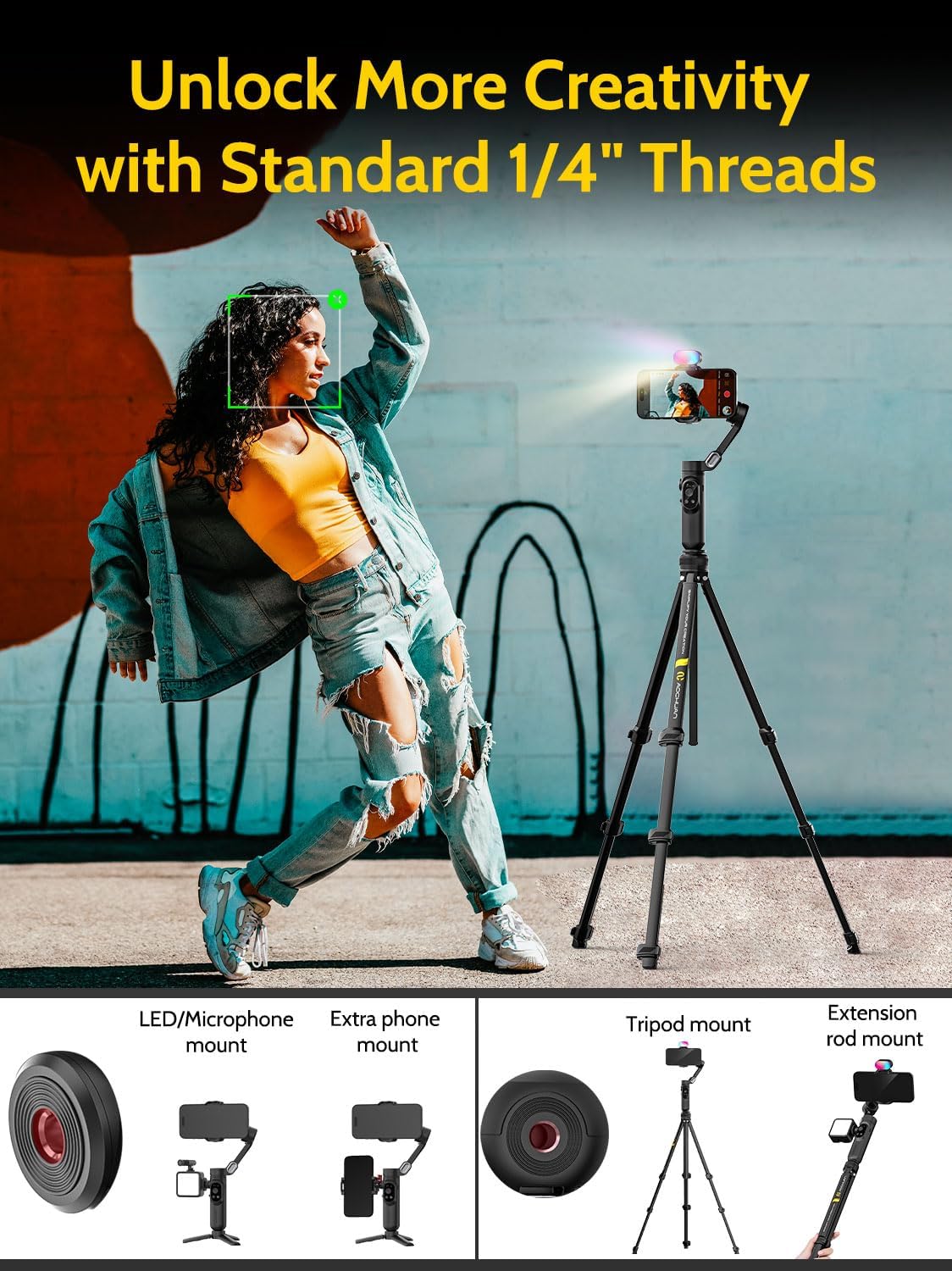 3-Axis Gimbal Stabilizer for iPhone & Android w/RGB Light, Handheld Phone Gimbal for Video Recording w/AI Tracking,1/4 Thread, Extendable Tripod, Padded Carry Bag(Smart X Complete Combo1)