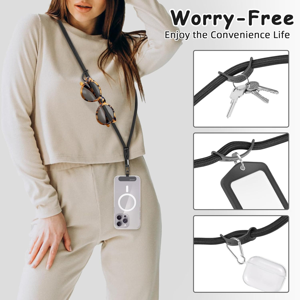 AULEEP Universal Phone Lanyard Corssbody, Anti-theft Phone Strap for Women and Men, Adjustable Cell Phone Neck Lanyard for all iPhone and Smartphone, with 2 Phone Tethers (Metal & Plastic), Black