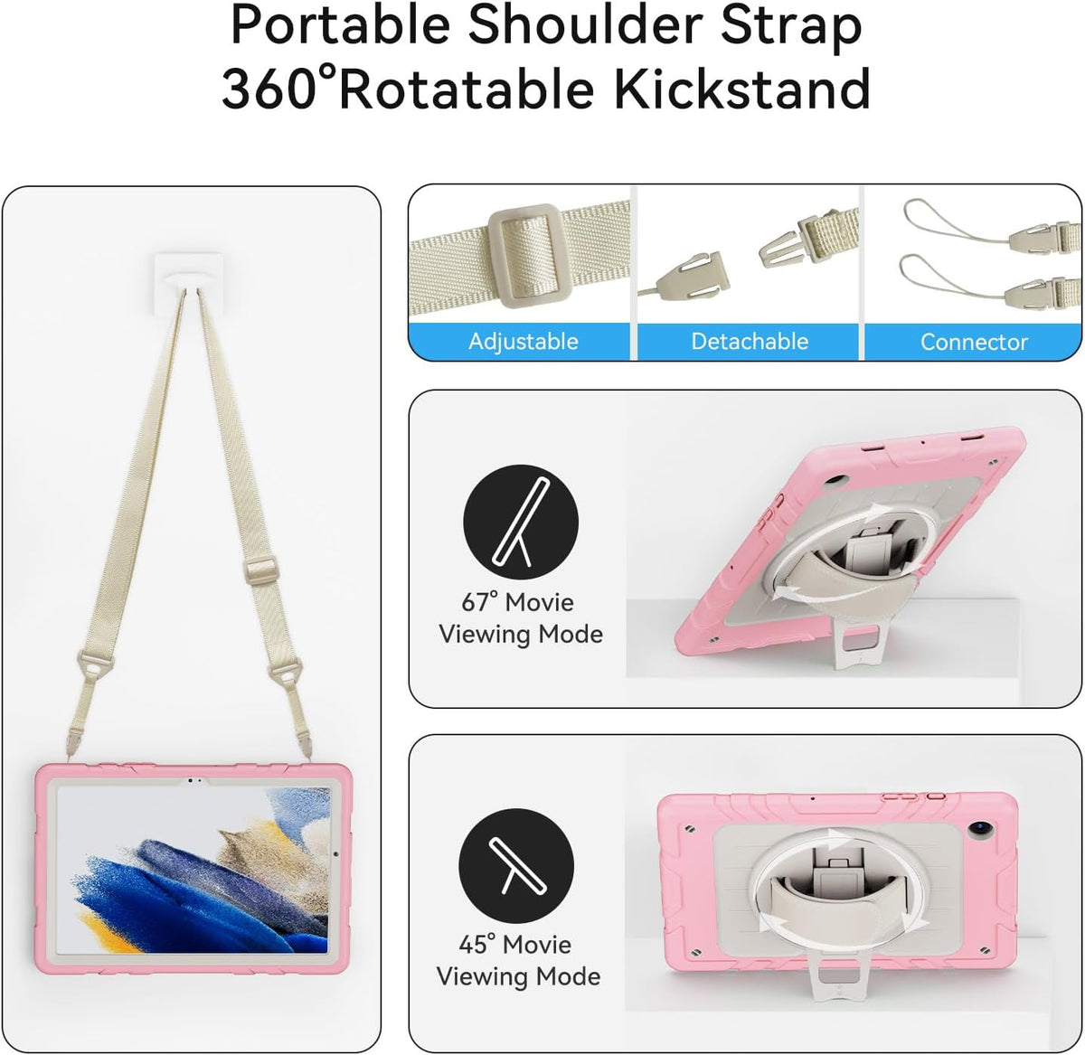 for Samsung Galaxy Tablet A8 Case 10.5 inch 2022 SM-X200/X205/X207 with Screen Protector [360 Rotating Stand] &Hand Shoulder Strap Shockproof Rugged Protective Cover|Pink&Beige