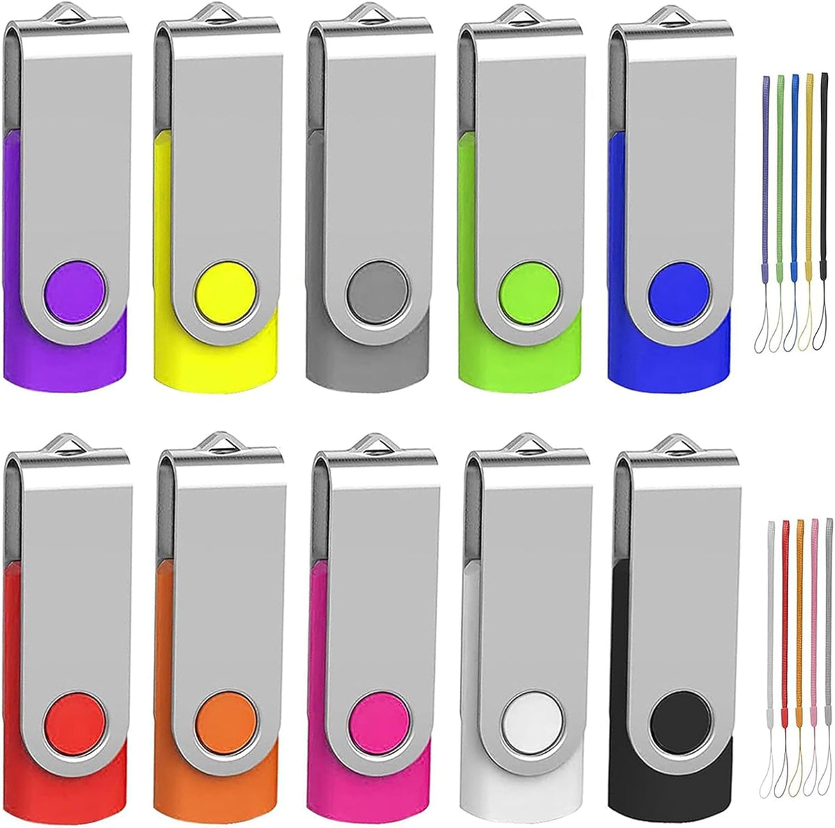 32GB Flash Drive 10 Pack, Wooolken USB 2.0 Thumb Drive Bulk Pen Drive Metal Swivel Memory Stick 32 GB 10 Colors Multipack Value Zip USB Drives with Lanyard