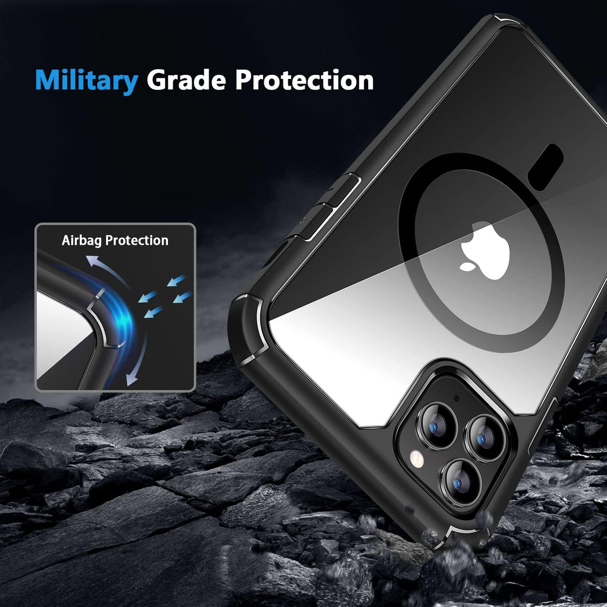 Amizee iPhone 11 Pro Magnetic Case with Screen & Camera Protectors, Clear Back, Shockproof, MagSafe Compatible (Black)