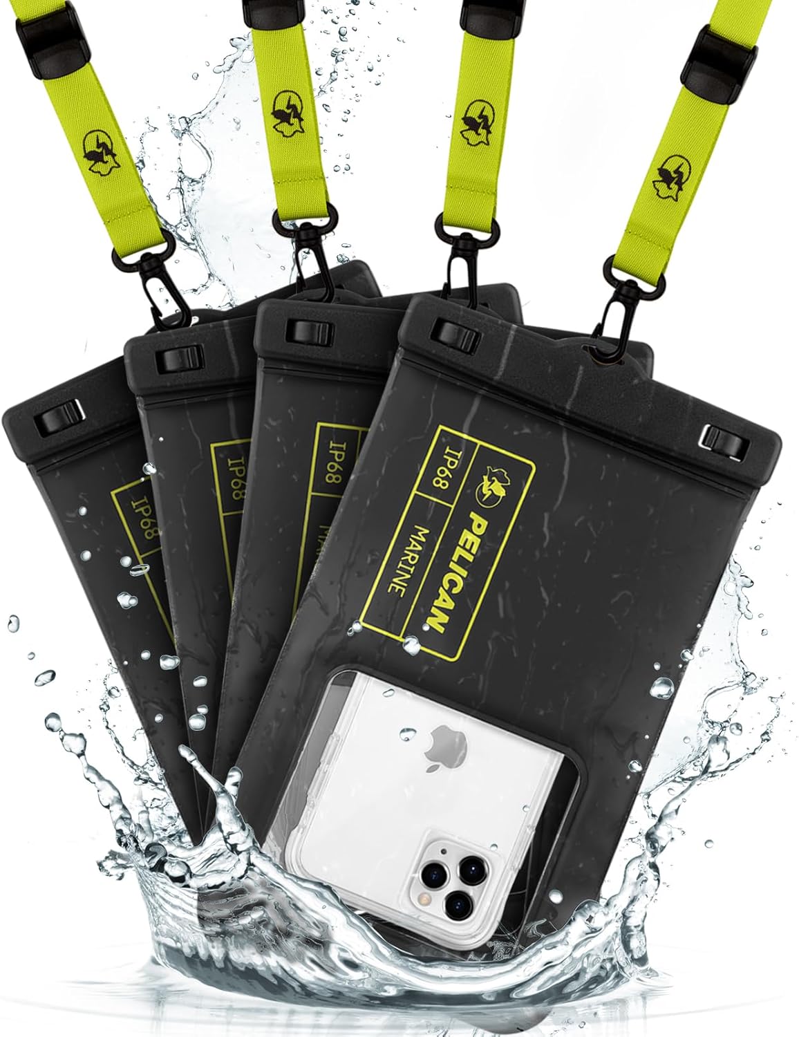 Pelican 4 Pack Marine - IP68 Waterproof Phone Pouch (XL Size) Floating Waterproof Phone Case - Beach Cruise Ship Travel Essentials - Works with All Phones - Detachable Lanyard - Black/Hi-Vis Yellow