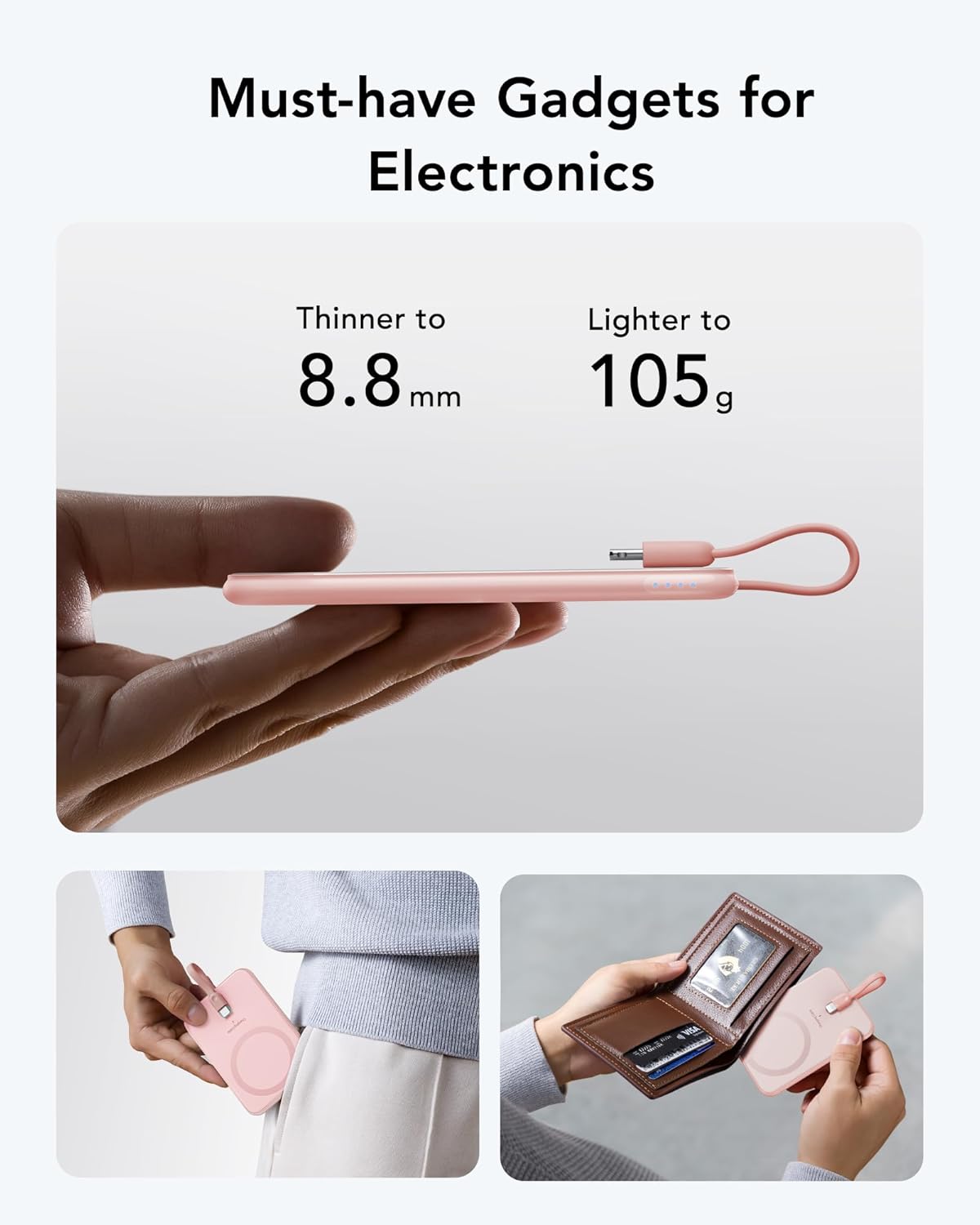 VEEKTOMX Slim Portable Charger, 5000mAh Lightweight Power Bank with Built-in Cable for iPhone, Ultra Thin Battery Pack