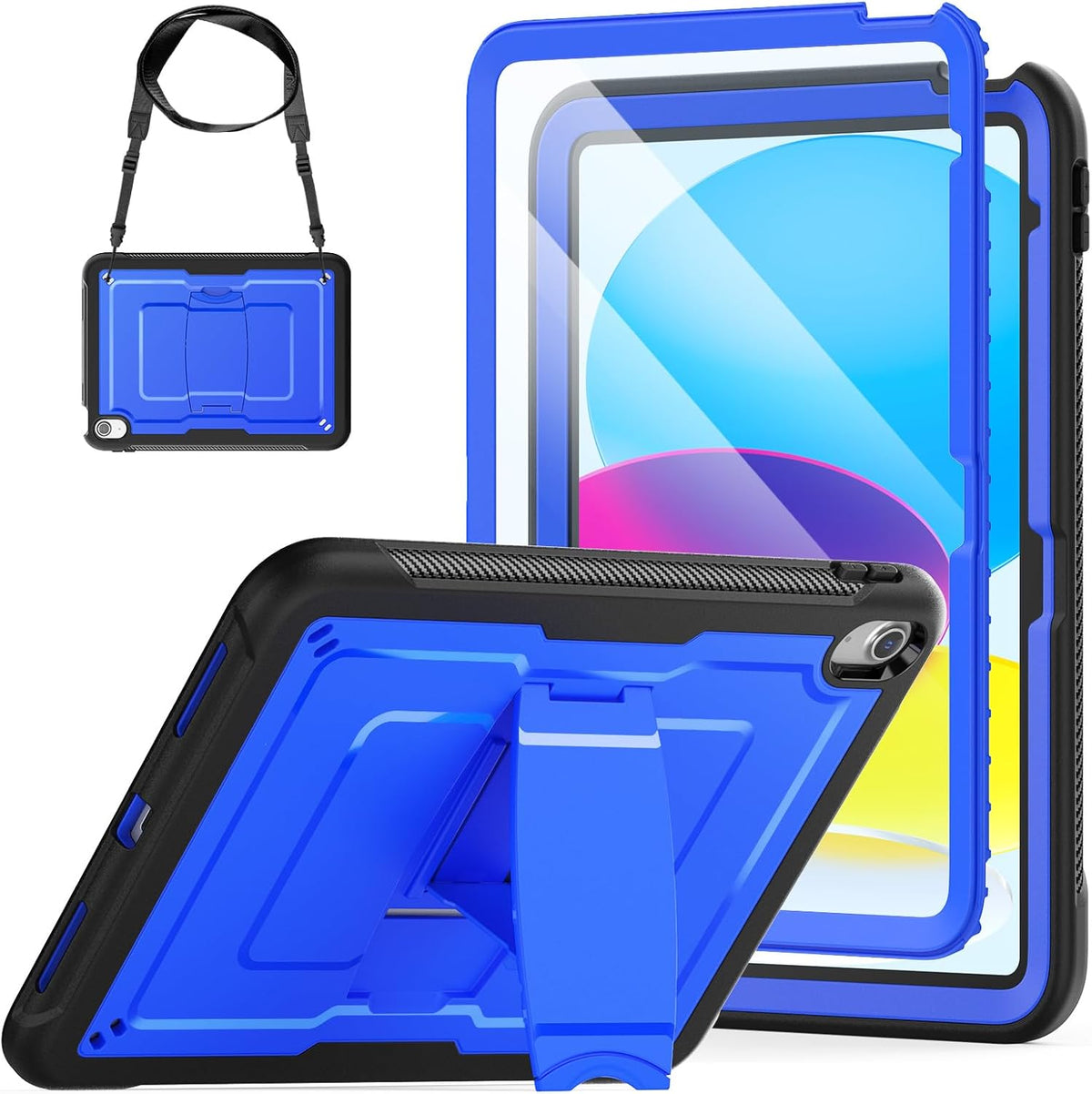 SEYMAC stock Case for iPad (A16) 11th/10th Generation 11''/10.9'' 2025/2022, with Built-in Screen Protector, Shoulder Strap, Built-in Kickstand, Rugged Full Body Shockproof Protective Case, Blue