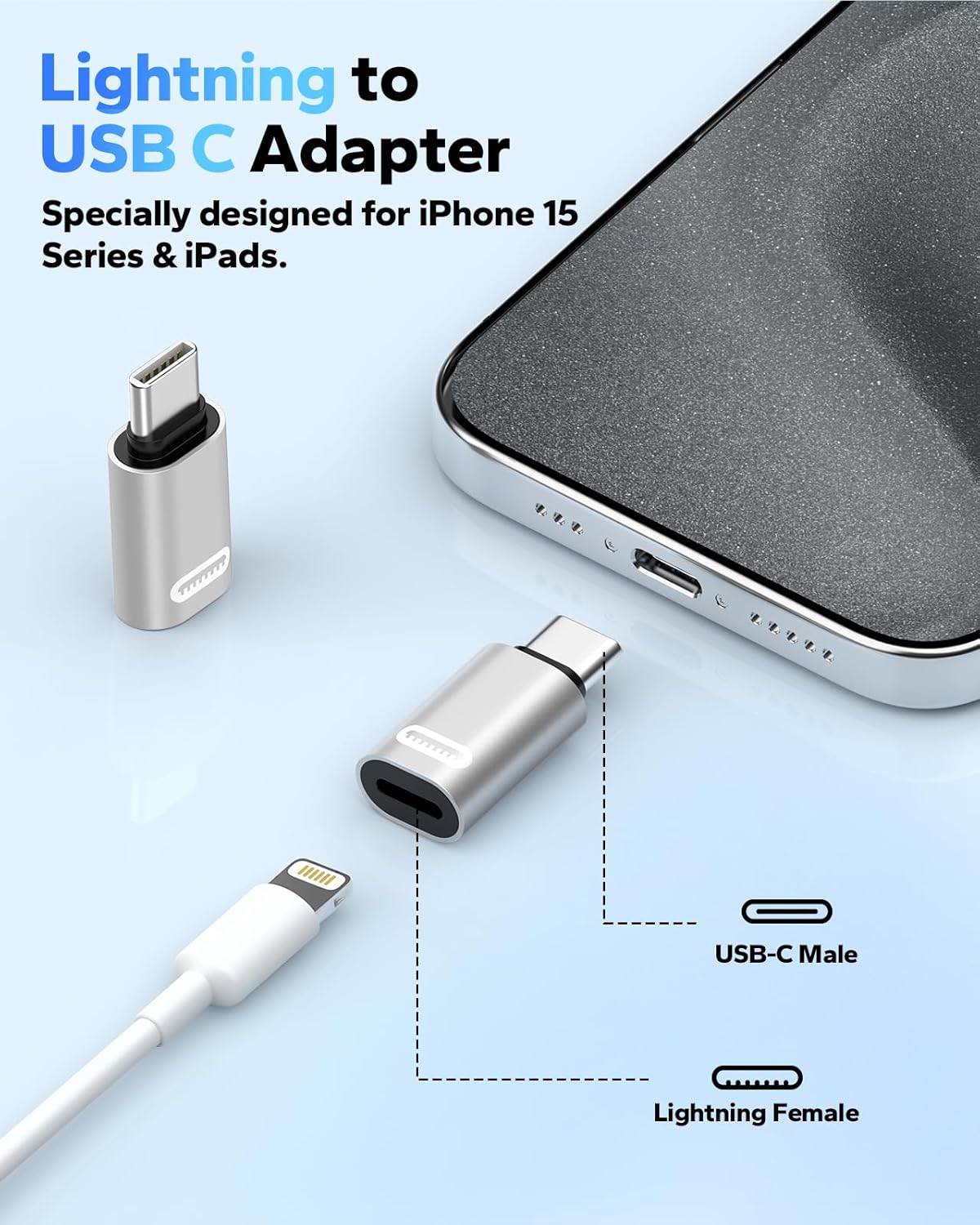 MoKo Lightning Female to USB C Male Adapter 2 Pack, Fast Charging/Data Transfer for iPhone 15 Series, NOT for Audio