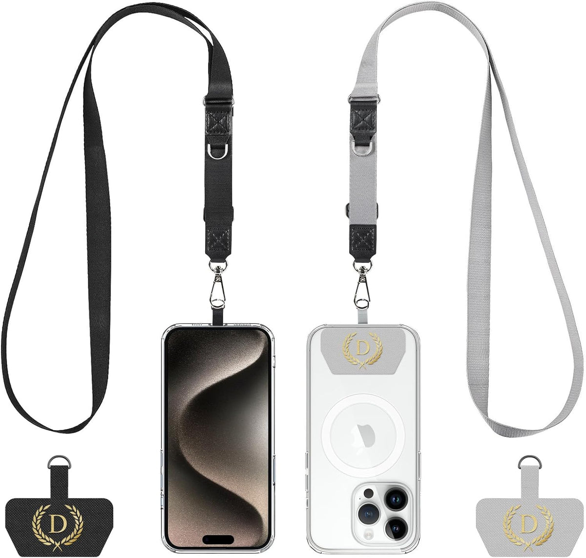 Phone Lanyard 2 Pack, Adjustable Cell Phone Multifuctional Patch Lanyards,Compatible with Most Smartphones and Wallets Keys ID Badges Travel Essentials(Black+Gray) (Lanyard Letter Sign D)