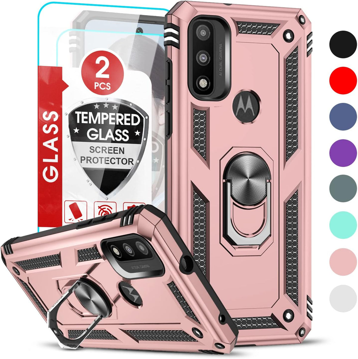LeYi Phone Case for Motorola Moto G Play 2023, Military-Grade Protective with 2 Pcs Tempered Glass Protector, Rose Gold