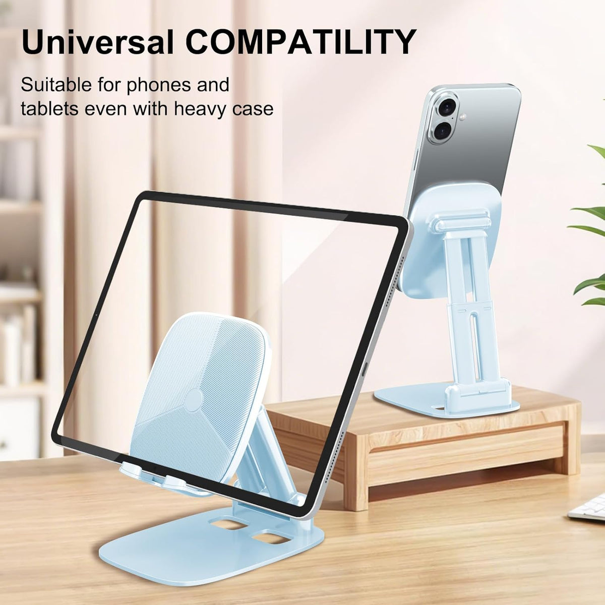 DEERLAMN Cell Phone Stand for Desk, Height Adjustable Cell Phone Holder Portable Desktop Stand, Travel Home Office Desk Accessories Compatible with iPhone 16/15/14/13/12/11 All Smartphone - Light Blue