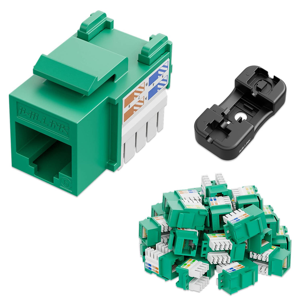iwillink 10Gbps Cat6 Keystone Jack, RJ45 Keystone Jack 25-Pack and Keystone Punch-Down Stand, UTP Modular Ethernet Jack Insert 90-Degree, Punch Down Keystone Jack Adapter, Green