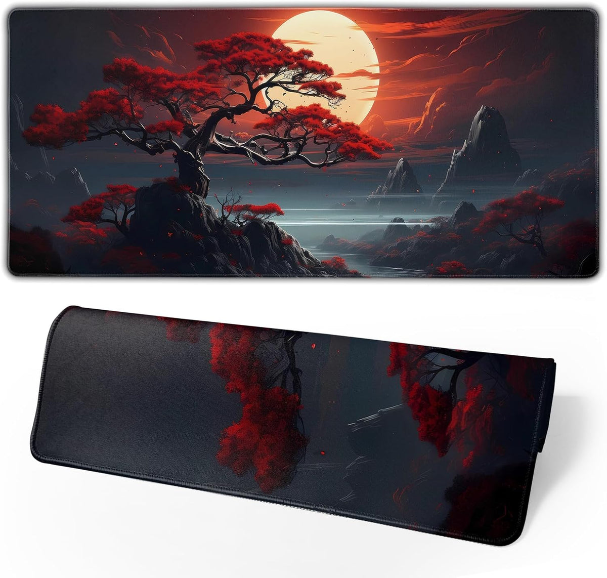 Darkness Red Moon Desk Mat Japanese Mouse Pad, Large Japanese Desk Mat, XL Anime Gaming Keyboard Mat, Non-Slip Rubber Base, Big Extended Desk Protector for Home Office, 31.5”x11.8”