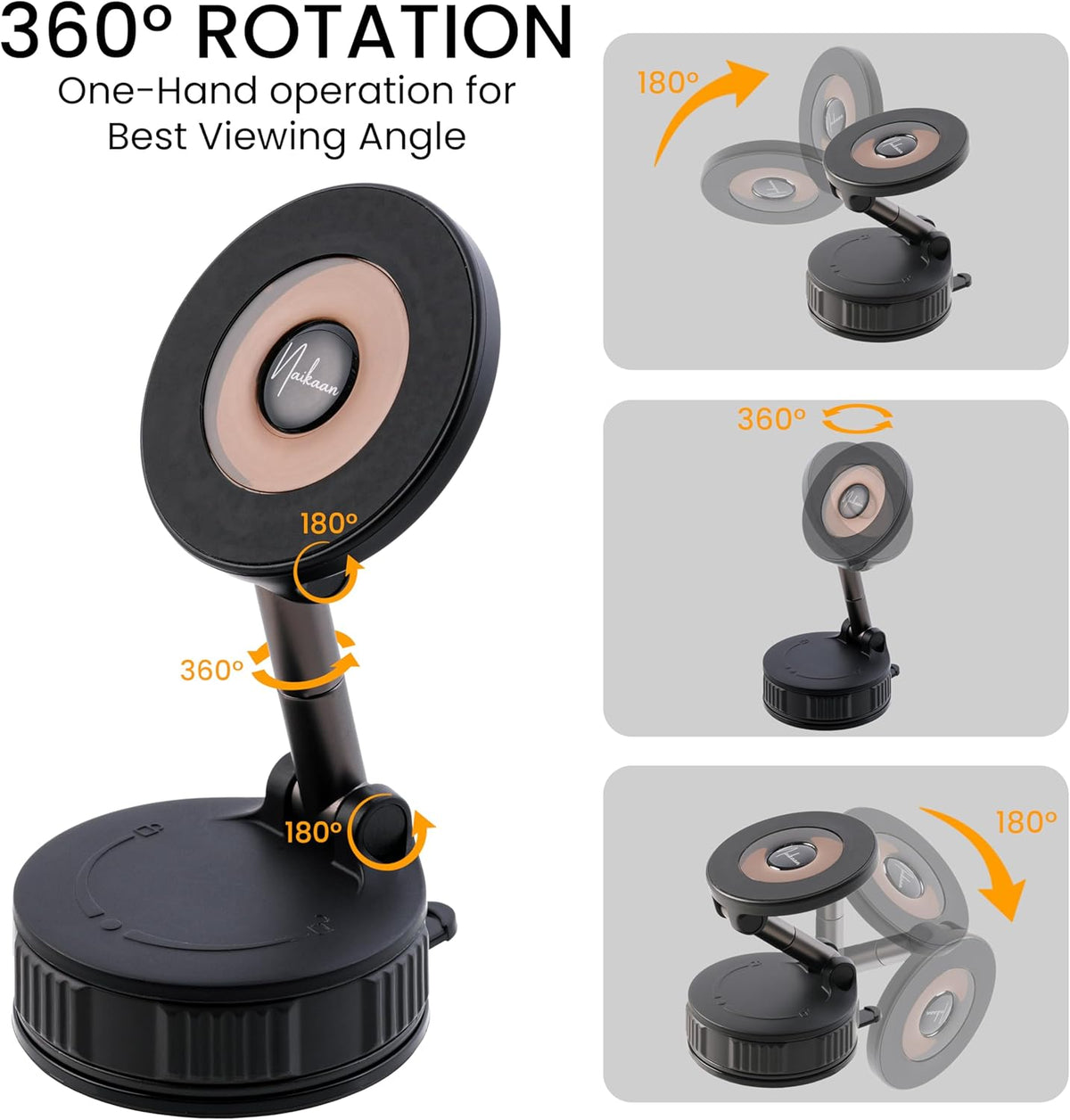 Vacuum Magnetic Phone Holder – 360-Degree Rotating Magnetic Suction Phone Mount for Car, Windshield, Gym, Outdoor – Strong Hold Cellphone Car Holder – Compatible with MagSafe