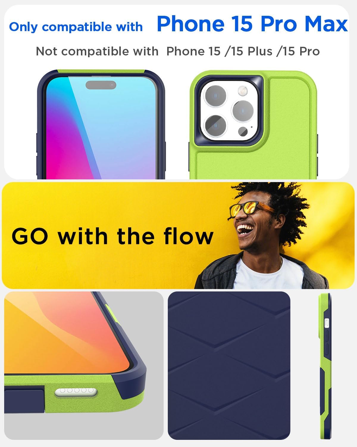 AICase Heavy Duty Rugged Case for iPhone 15 Pro Max 6.7" with Glass Screen Protector & Camera Lens, Shockproof