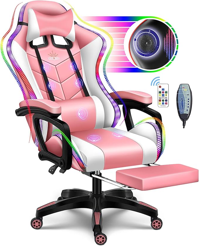 Gaming Chair Massage with Bluetooth Speakers and Led Lights Ergonomic Computer Gaming Chair with Footrest RGB Video Game Chair with High Back Lumbar SupportPink