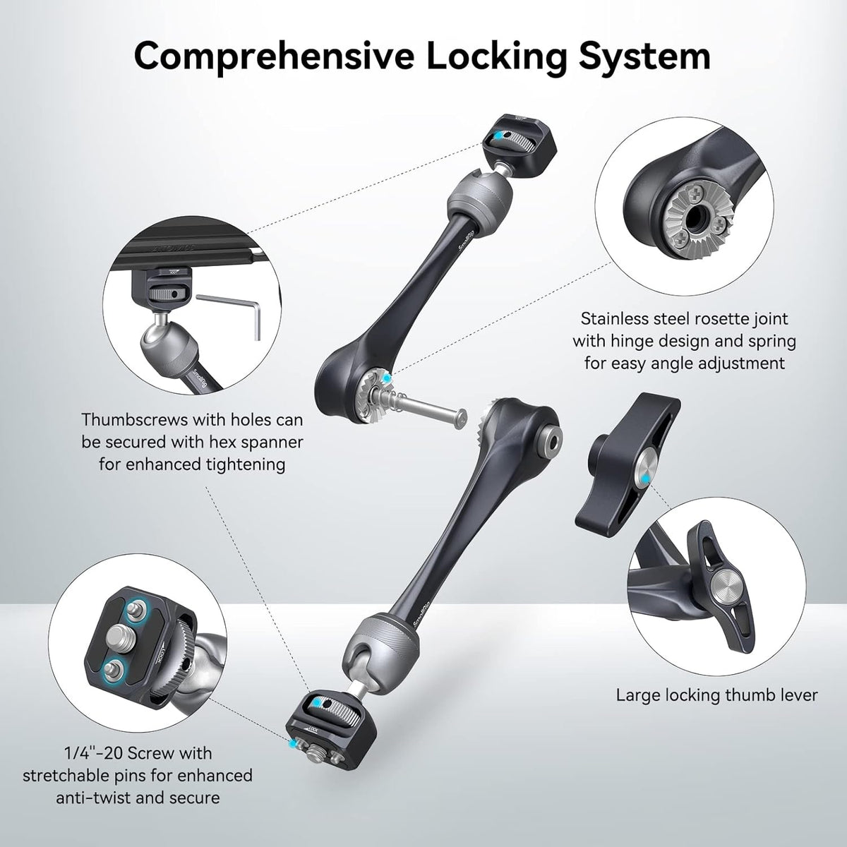 SMALLRIG Rosette Magic Arm 11 Inch with Ball Head, 1/4"-20 Screws, and Anti-Twist Pins, for Cameras/iPads/Monitors/LED Lights/Smartphones/Action Cameras, Max Load Capacity 3kg