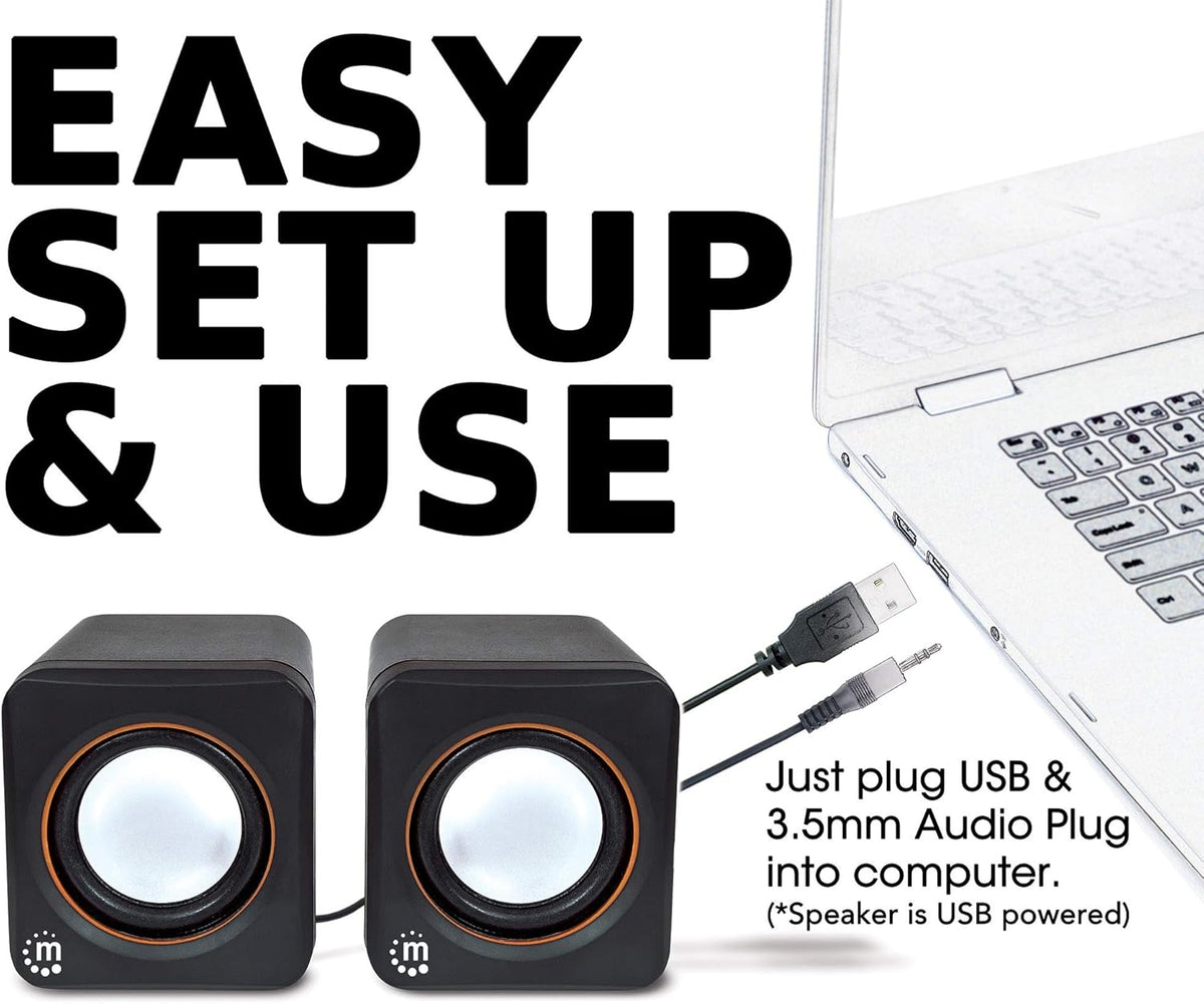 Manhattan USB Powered Stereo Speaker System, Small Size with Volume Control & 3.5 mm Aux Plug, Black Orange