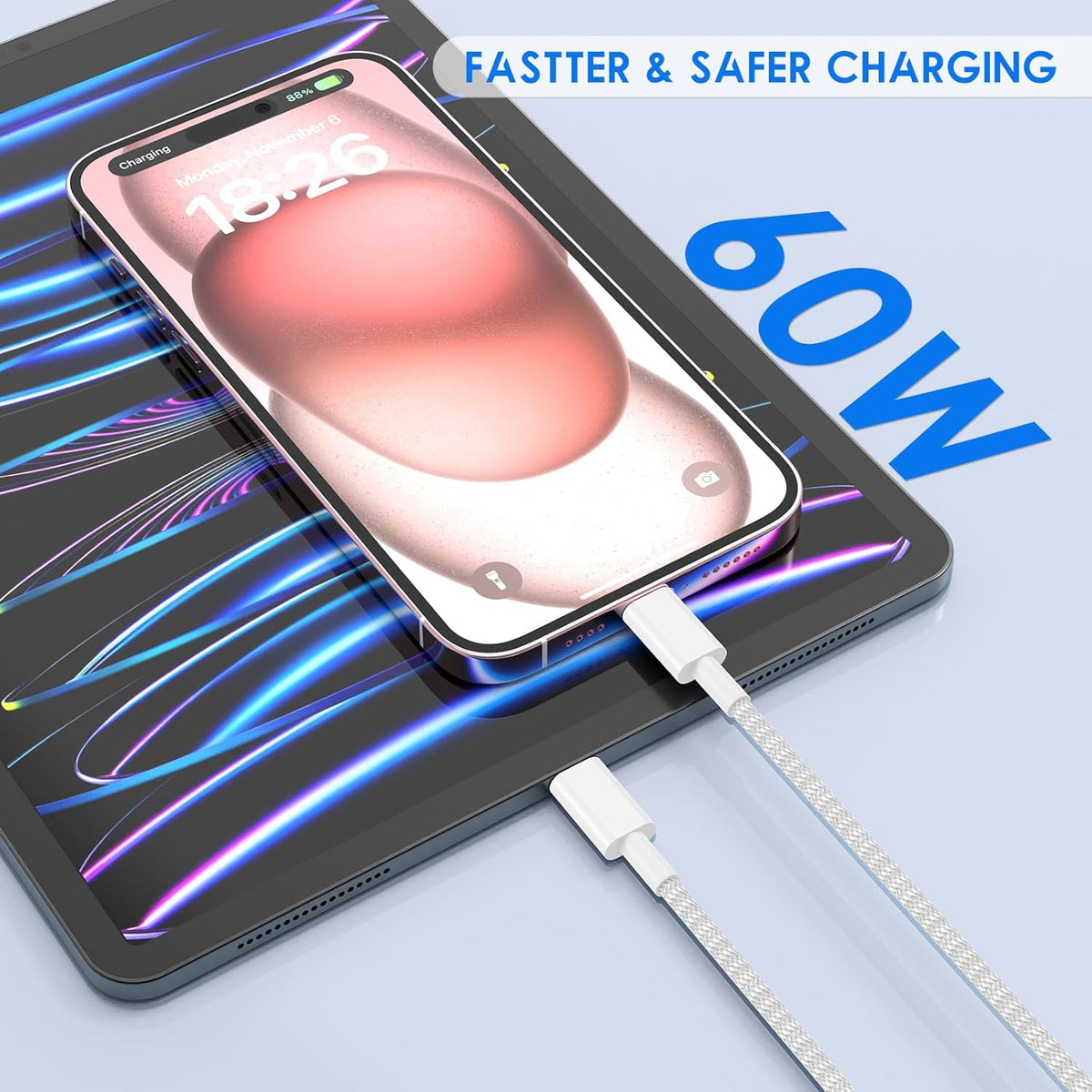 for iPhone 15 USB C Fast Charger Cable, 2pack 6FT USB C to USB C Charging Cord, Nylon Braided Long Charger Cable for